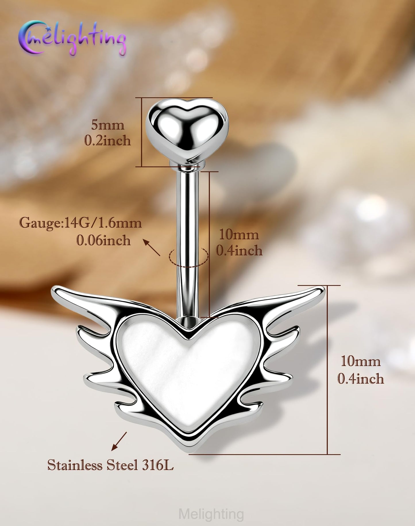 Melighting 14G Heart Belly Piercing, 316L Stainless Steel Belly Button Ring with Opal and Fire-Like Shape, 10 mm Navel Ring, Elegant Body Piercing Jewelry for Women