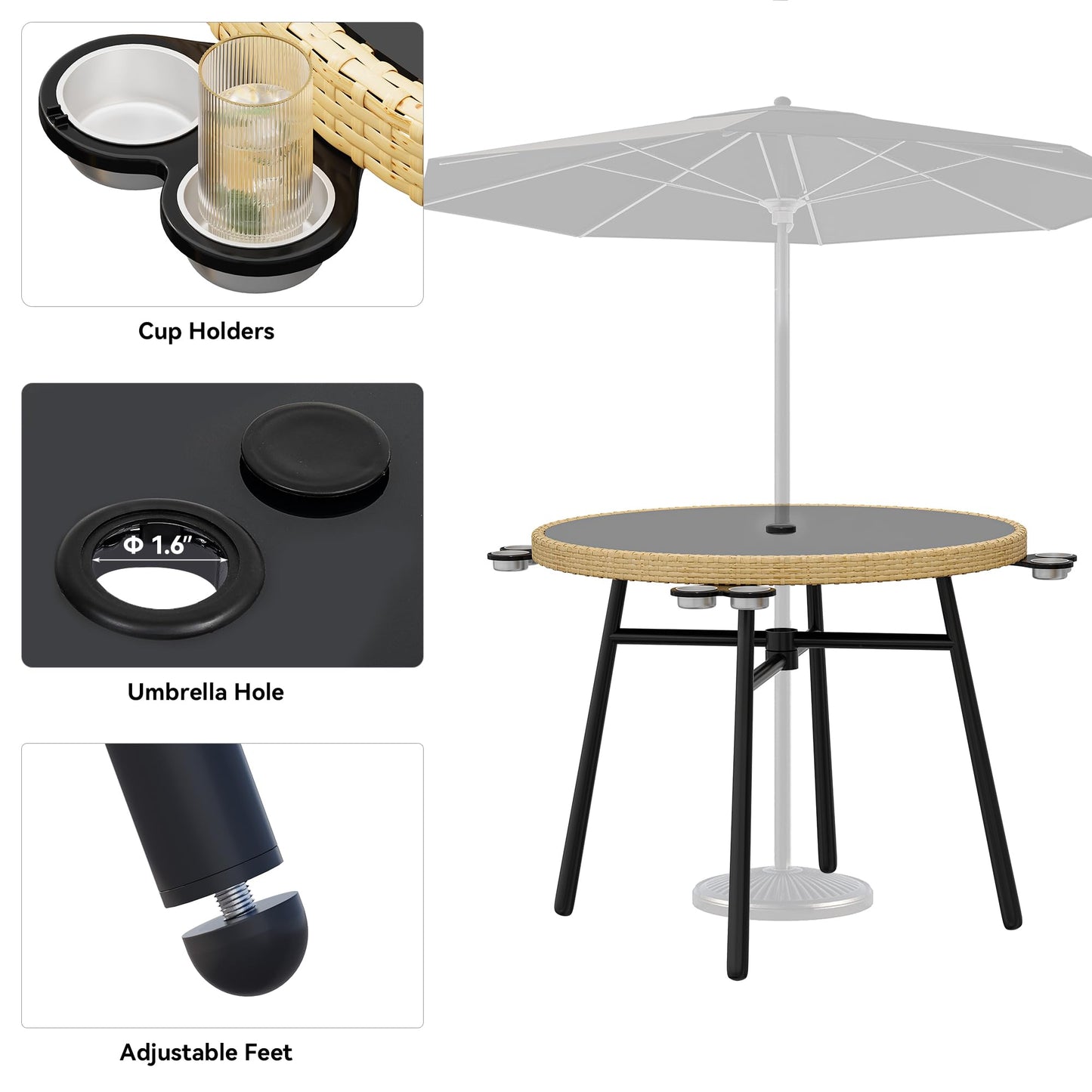 YITAHOME Outdoor Dining Set with Umbralle Hole, 5pcs Rattan Patio Dining Set for 4 with Cup Holders Soft Cushions and Glass Top Dining Table for Patio, Backyard, Garden, Bacony, Light Brown & Black