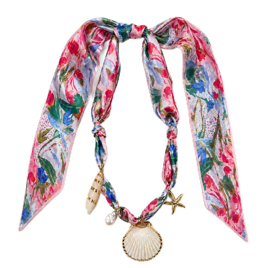 UQRUI Floral Scarf Necklace with Charm for Women, Tropical Shell Pendant Jewelry, Boho Summer Beach Vacation Accessories