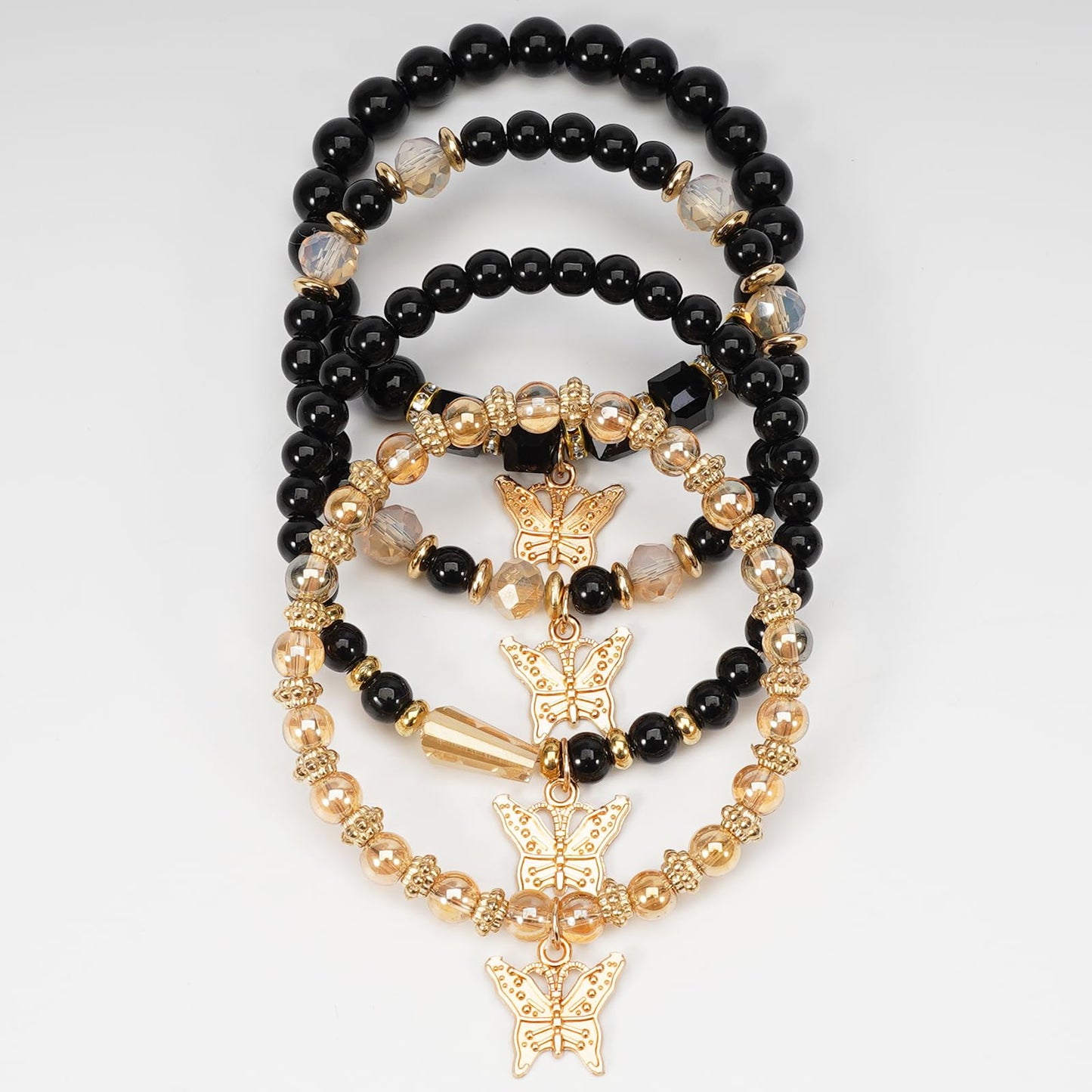 Briutn Black Gold Butterfly Stackable Beaded Bracelet Set Boho Stretch Bracelets Jewelry Gift for Women