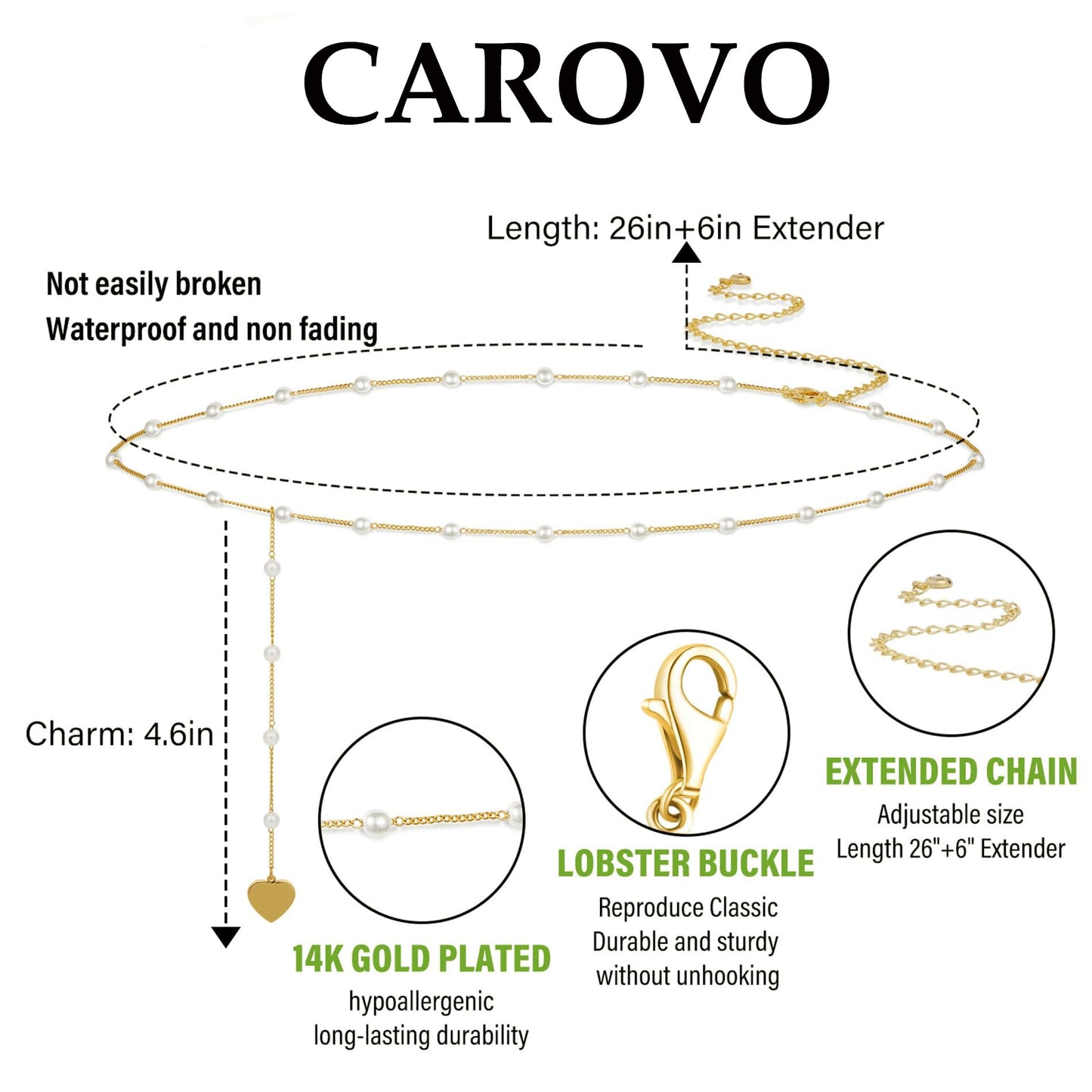 CAROVO Belly Waist Chain for Women 14K Gold Plated Layered Body Chains Boho Pearl Heart Belly Chain Sexy Bikini Body Jewelry for Women Adjustable