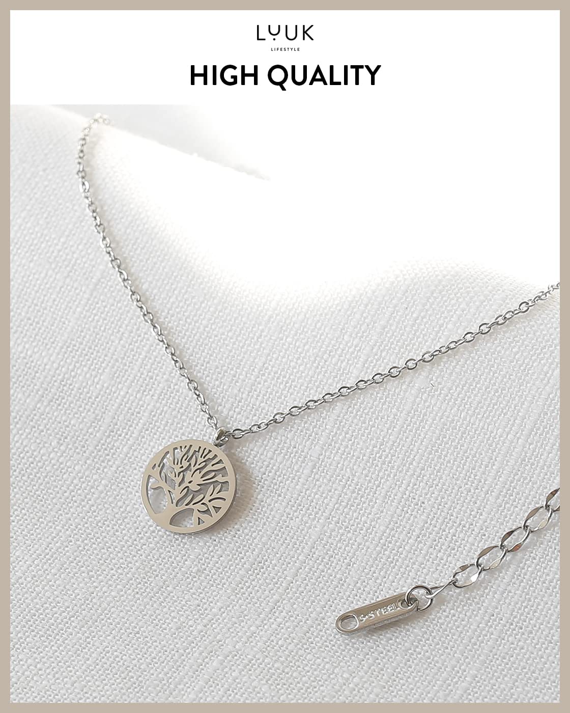 LUUK LIFESTYLE Feminine necklace in stainless steel with Tree of Life pendant and HAPPINESS gift card, trendy jewellery for women, 19” length, nature lovers, meditation zen motif, yoga jewel, silver