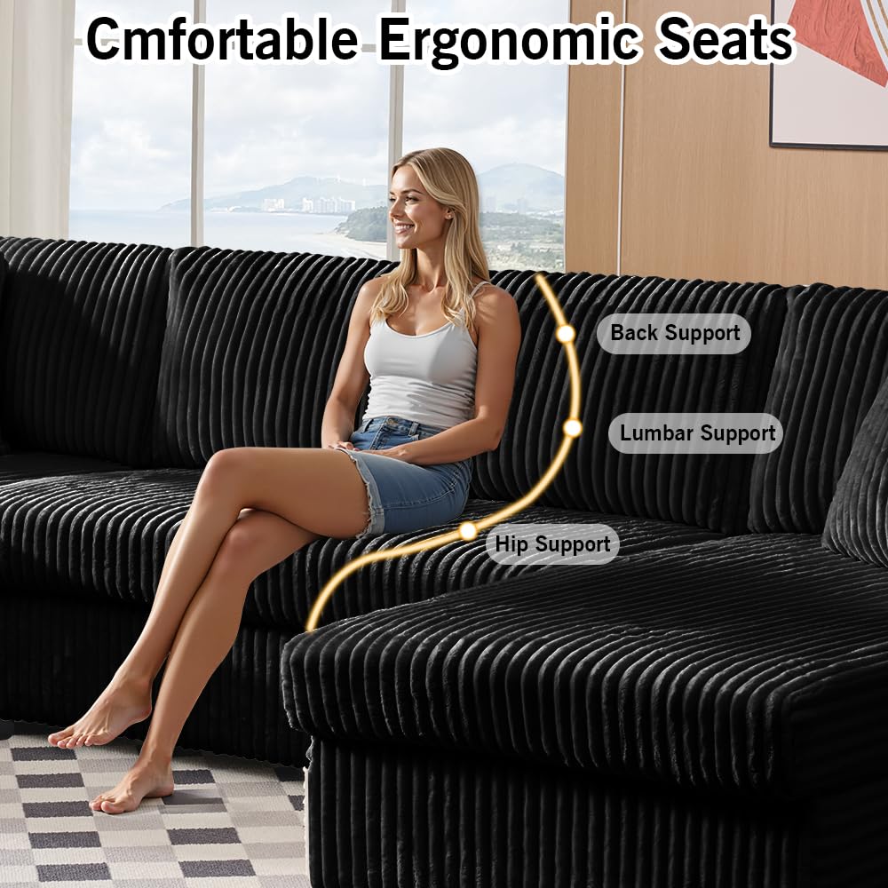 123" U-Shaped Modular sectional Sofa, Two L-Shape Chaise with 2 Cloud Couch sectional with Two Pillows, couches for Living Room (Black)