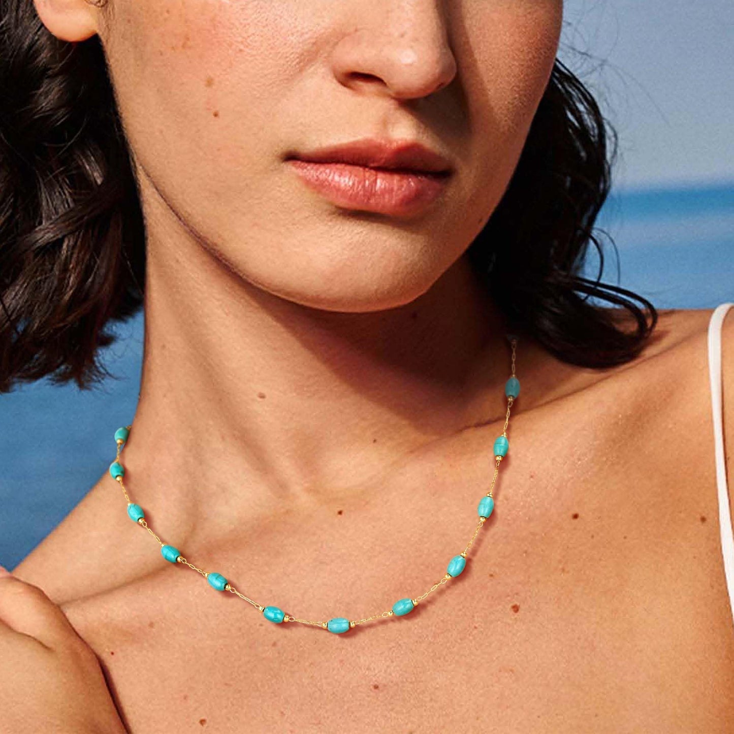 LOLAR RAY Turquoise Jewelry for Women - 14K Gold Plated Oval Choker Boho Necklaces for Women Summer Beach Boho Choker Bead Gift