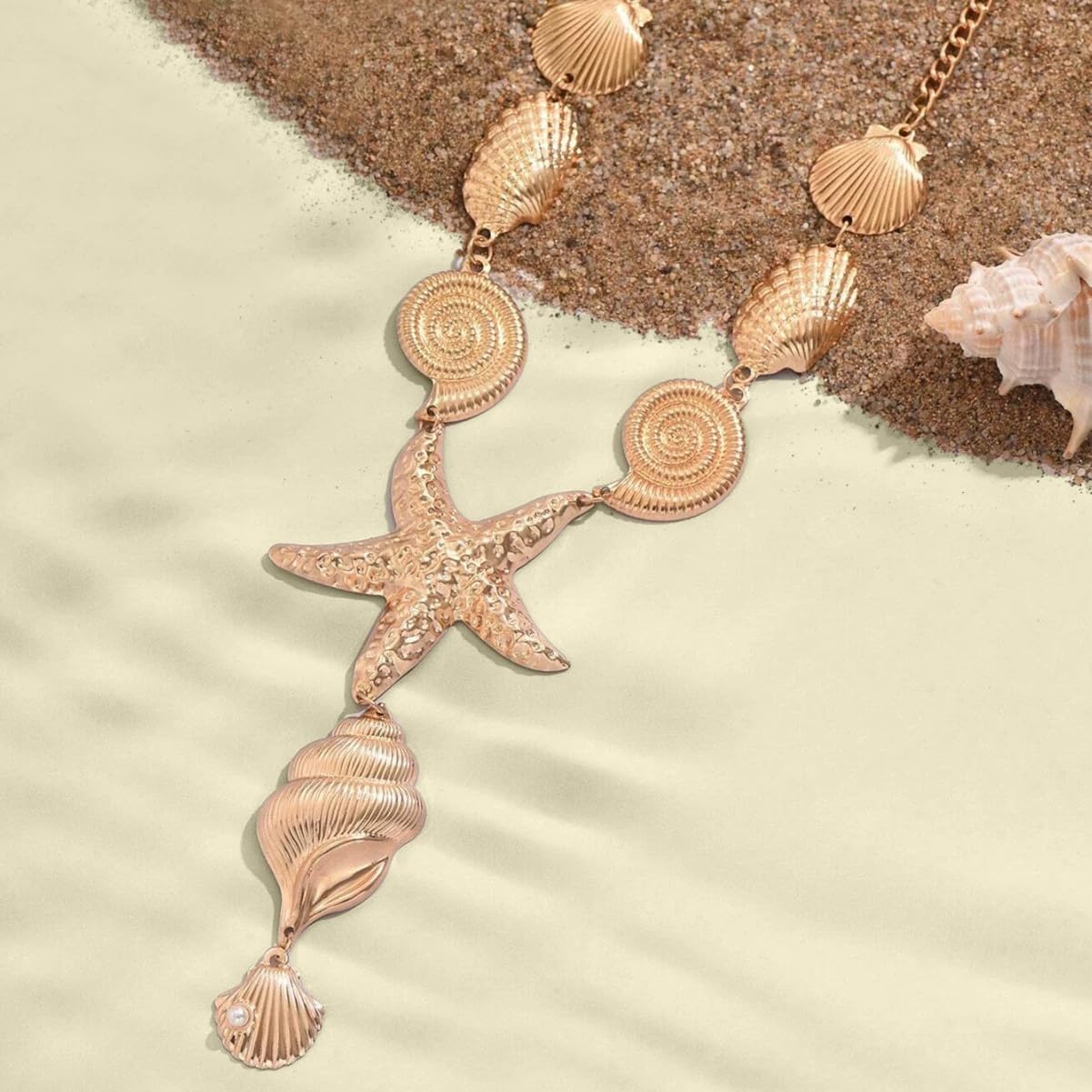 Ocean Necklace For Women, Big Seashell Beach Conch Y-Shaped Pendant Boho Summer Statement Beach Collar Holiday Jewelry Gift (Ocean Gold)