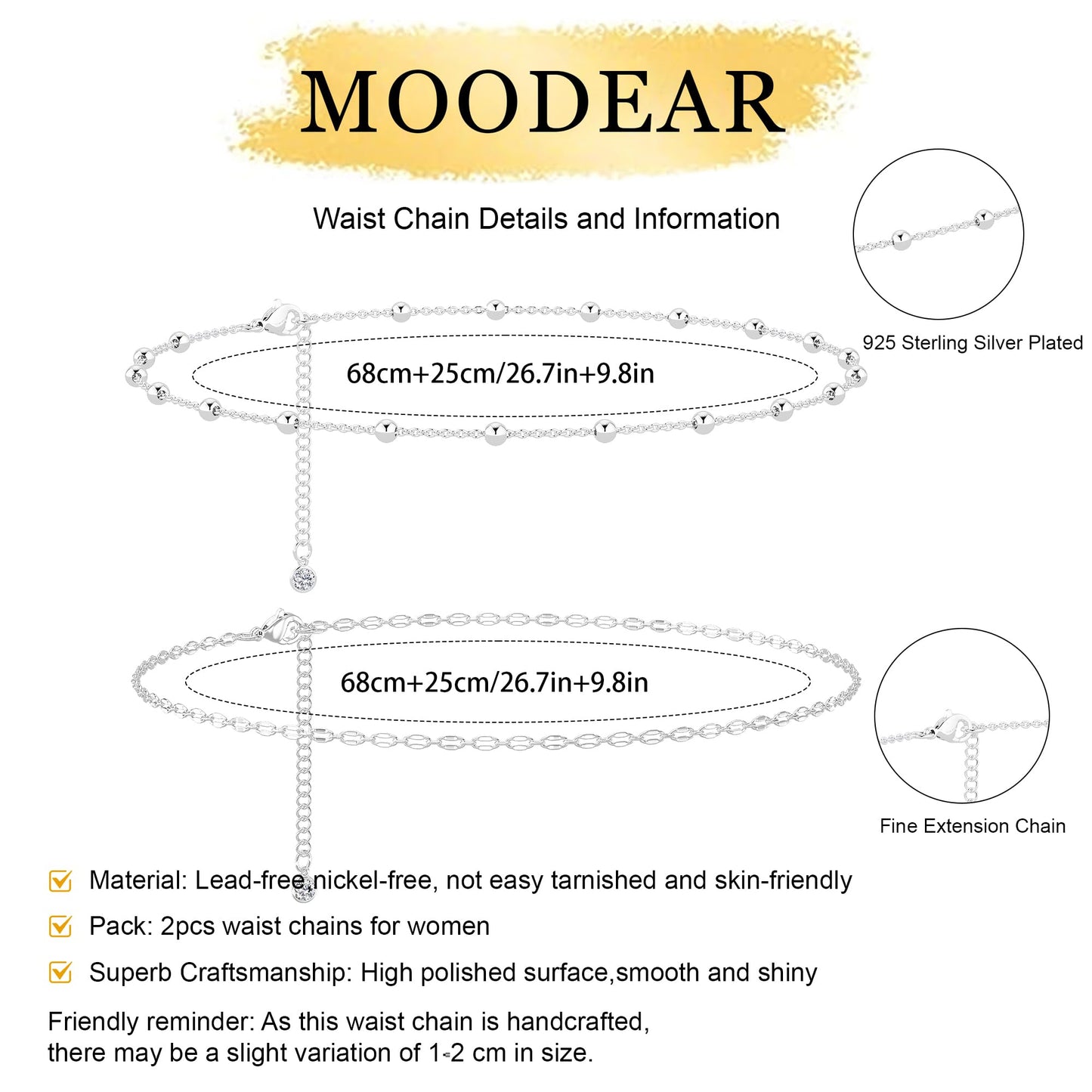 MOODEAR 925 Sterling Silver Waist Chain for Women – Double 2PC Belly Bead Body Chain Belt, Spacer Beads & Lip chain Design, Waterproof Summer Beach Jewelry for Bikini, Dress & Vacation