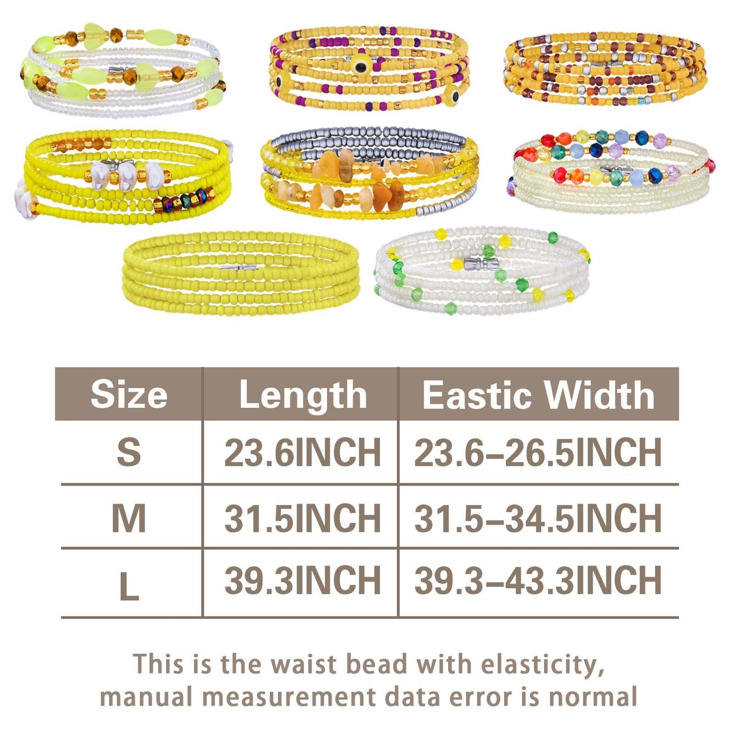 ELABEST Adjustable Handmade Waist Beads Stretchy 23-52 inch 8Pcs Chakra Body Belly Beaded Women Waist, Anklet, Bracelet, Necklace Jewelry with Screw clasp (Yellow, 31.5inch/80cm)