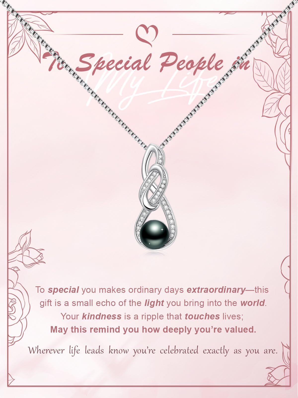 KANNSOAR 8MM Tahitian Black Pearl Necklace for Women 18K Gold Plating Sterling Silver Knot Pendant Pearl Jewelry Birthday Anniversary Valentines Day Christmas Mothers Day Gift for Wife Mom Girlfriend