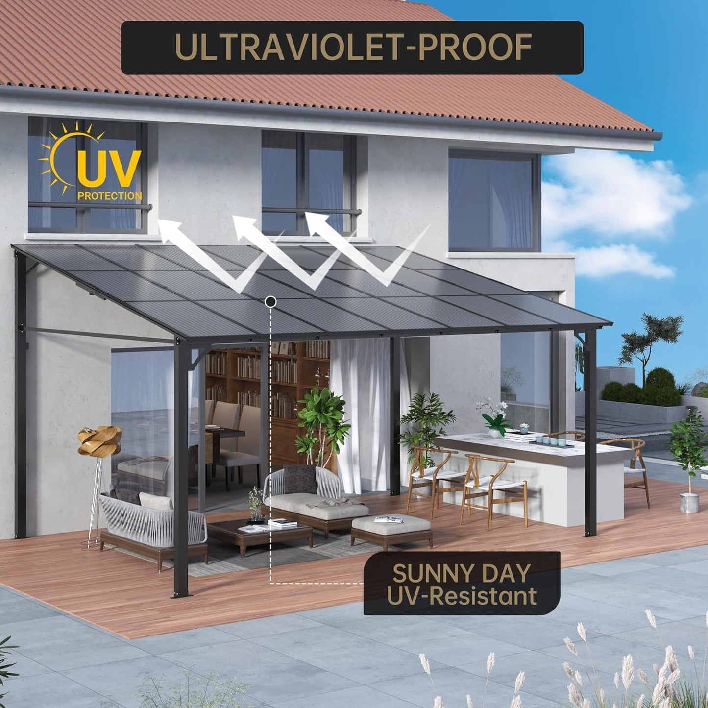 10'X10' Hardtop Wall Mounted Gazebo with Gutters & Galvanized Steel Roof, 60MPH Wind Resistance, Lean to Gazebo Pergola with Sloped Roof for Deck, Porch, Backyard and More, Black