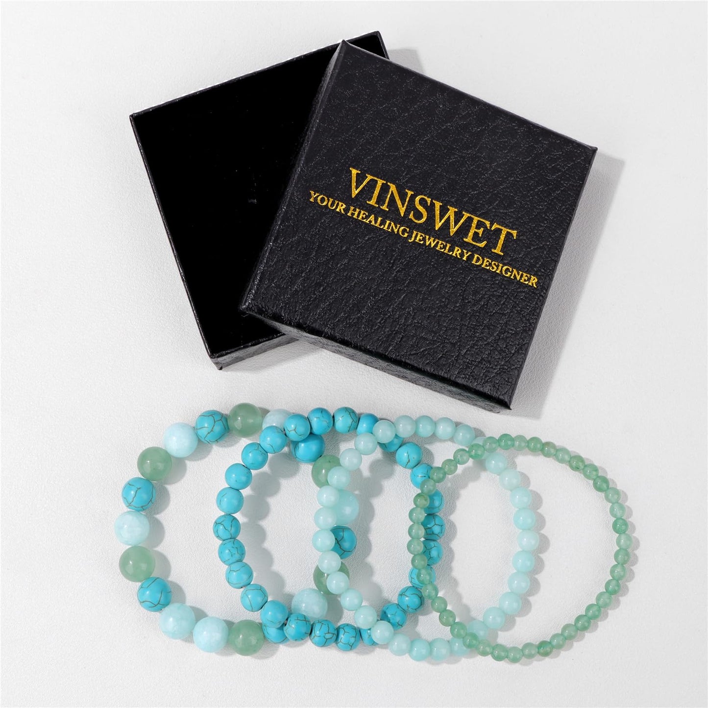 Vinswet 4pcs Beaded Bracelets for Women, Natural Healing Crystal Gemstones Bracelet, Anxiety Stress Relief Bracelet Handmade, 7.48in, Stone, no gemstone, Green Aventurine&Amazonite&Green Turquoise