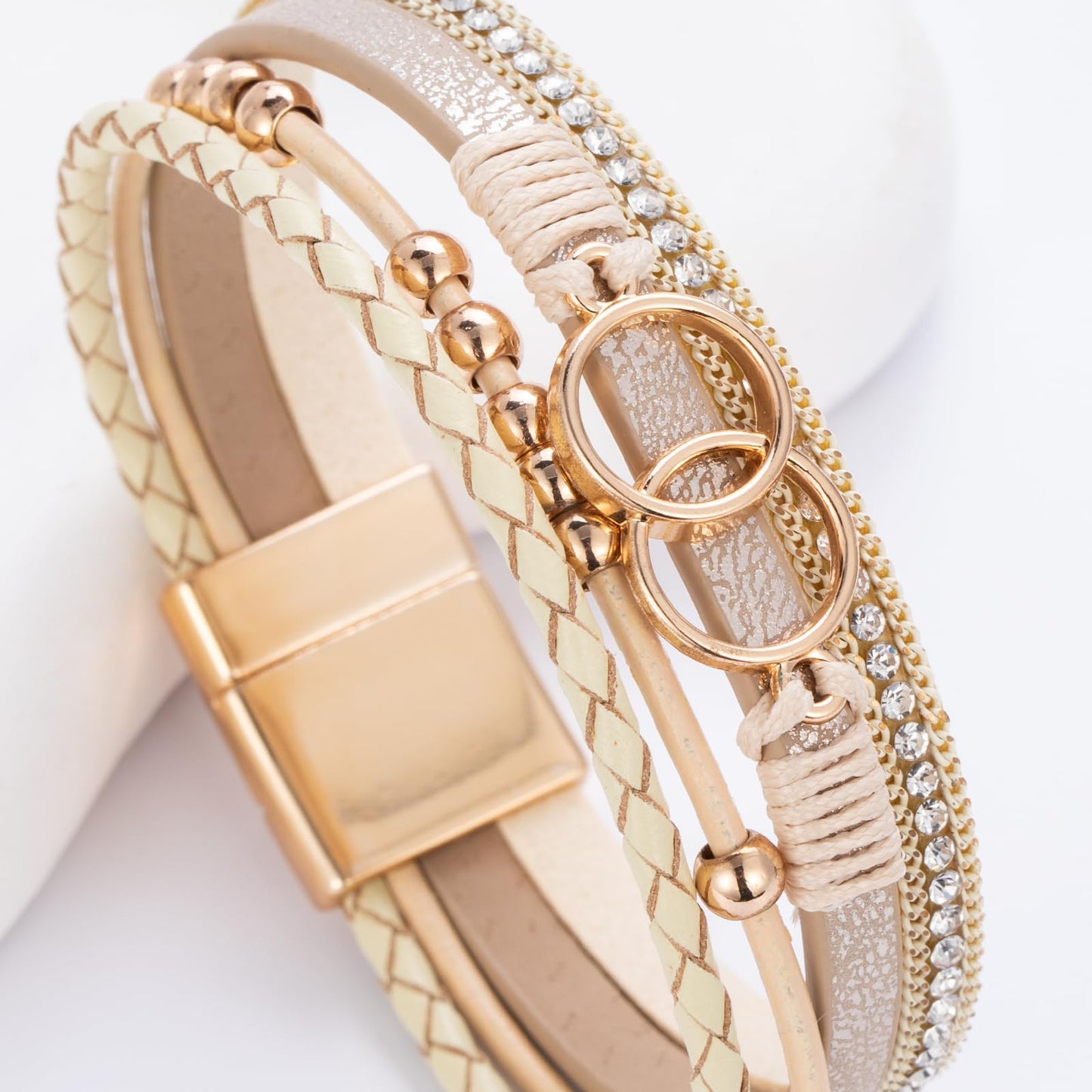 FANCY SHINY Boho Leather Wrap Bracelet Stackable Beaded Infinity Chunky Cuff Bracelets with Magnetic Clasp Western Hippie Outfits Jewelry Gifts for Women(Gold)