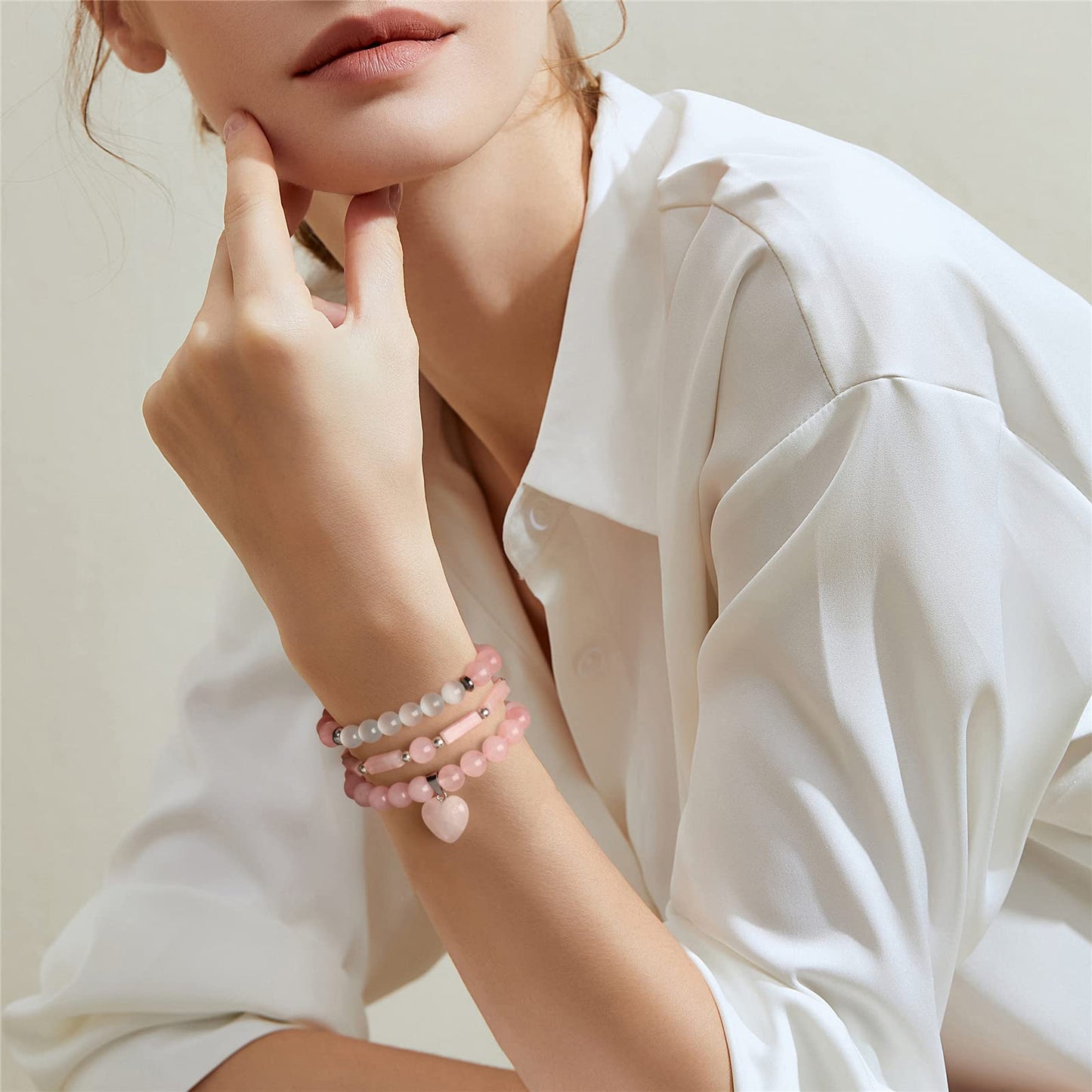 Vinswet Healing Crystal Beaded Bracelets for Women,Natural Rose Quartz Moonstone Gemstones Bracelet,Anxiety Stress Relief Heart Charm Bracelet Handmade pink Jewelry Gifts for Women (3pcs)