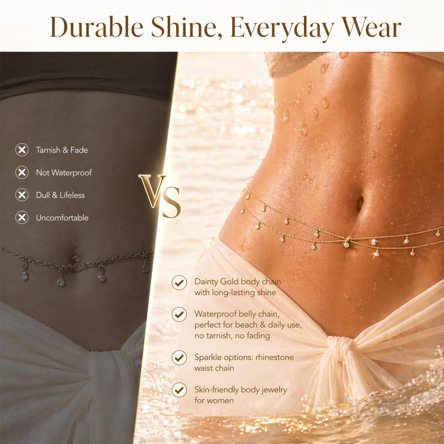 Longita Layered Rhinestone Belly Chain Gold Waist Chain for Women Waist Jewelry for Women Gold Belly Chains Summer Stomach Jewelry Trendy Dainty Sexy Body Chains Non Tarnish Waterproof Plus Size