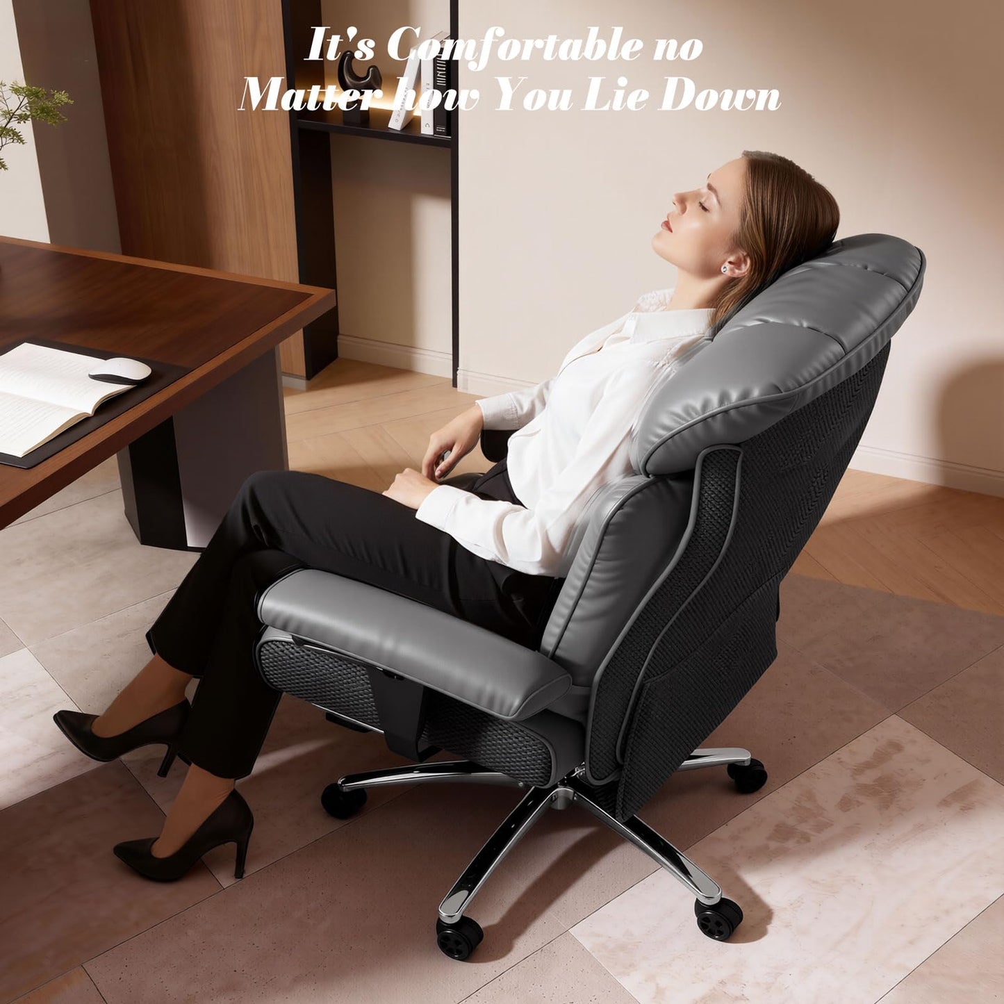 Efomao Big and Tall Office Chair 400lbs, Executive High Back Office Chair with 24" Extra Wide 6.1" Spring Cushion and Footrest, Reclining Heavy Duty Desk Chair for Home Office, Grey