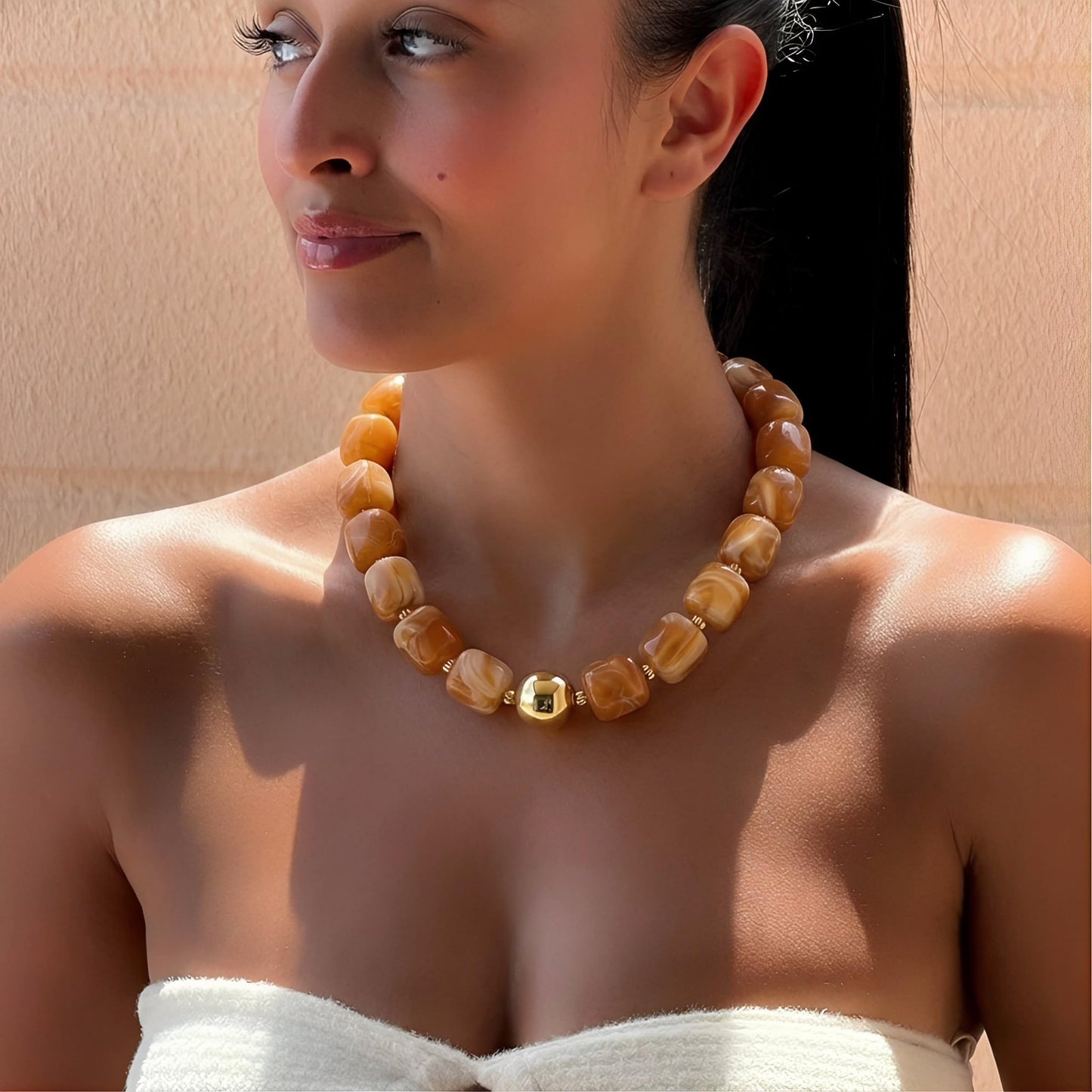 BREPINE Caramel Chunky Necklaces for Women Multicolored Large Square Resin Beads Necklace Trendy Bold Statement Beaded Summer Candy jelly Vacation Choker