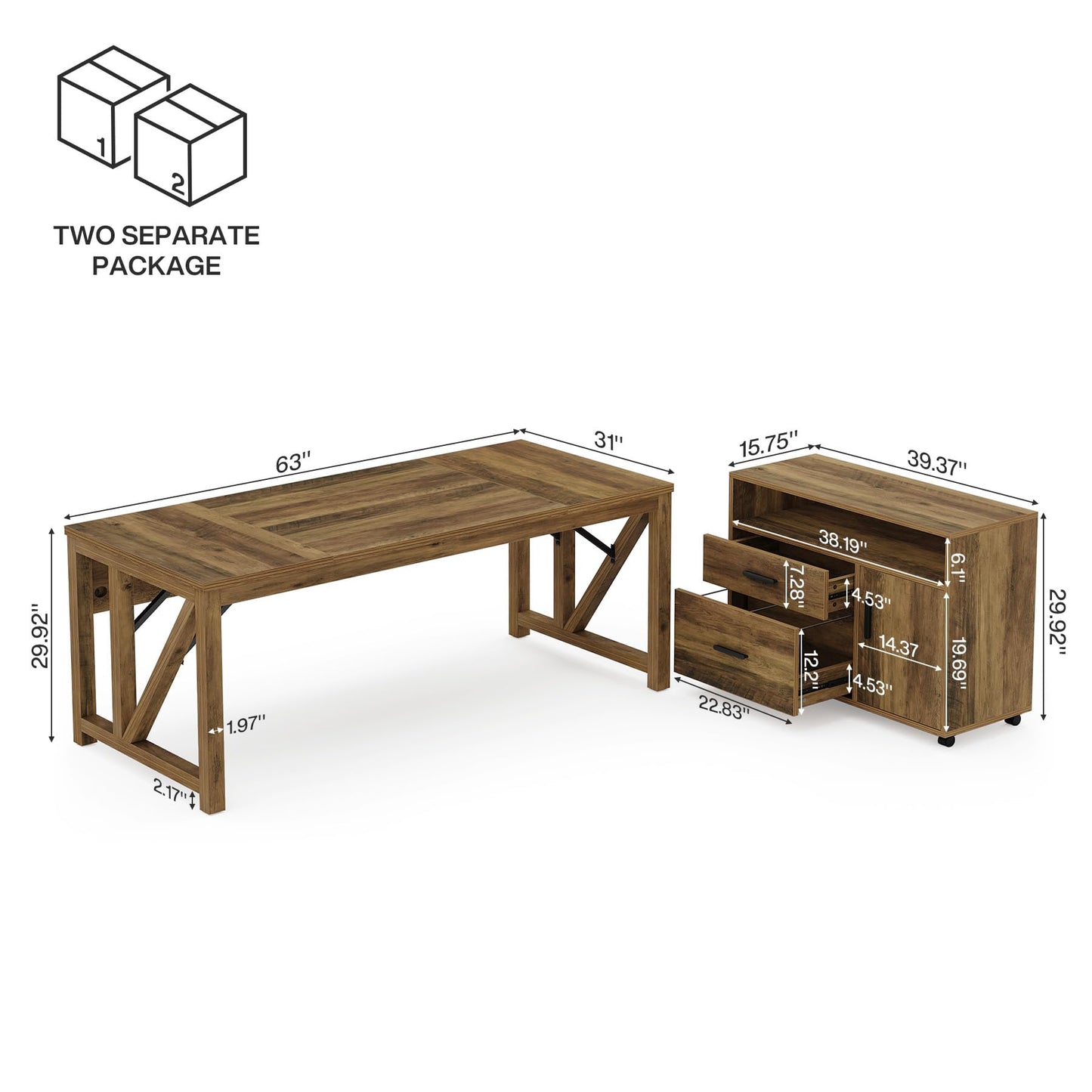 Tribesigns L Shaped Desk with Drawer Cabinet, 63" Executive Computer Desk and lateral File Cabinet, 2 Piece Home Office Furniture with Drawers for Hanging, Door (Rustic Brown, 63 inches)