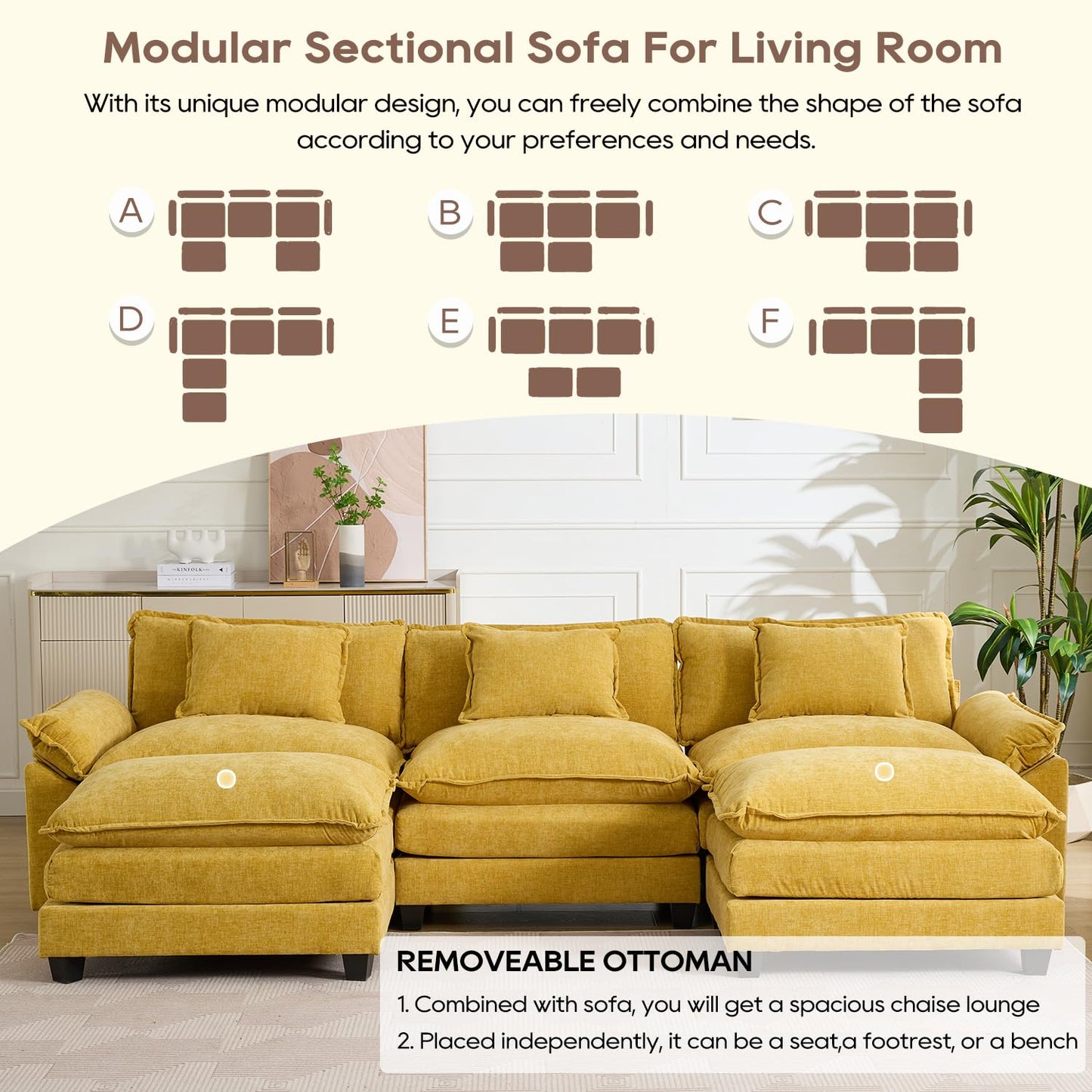 IPKIG 117" Sectional Sofa Cloud Couch, Modern Chenille U-Shaped Couch Comfy Upholstered 3-Seat Sofa with 2 Ottoman, 3 Lumbar Pillow, Deep Seat Modular Sofa for Living Room, Apartment, Studio, Yellow