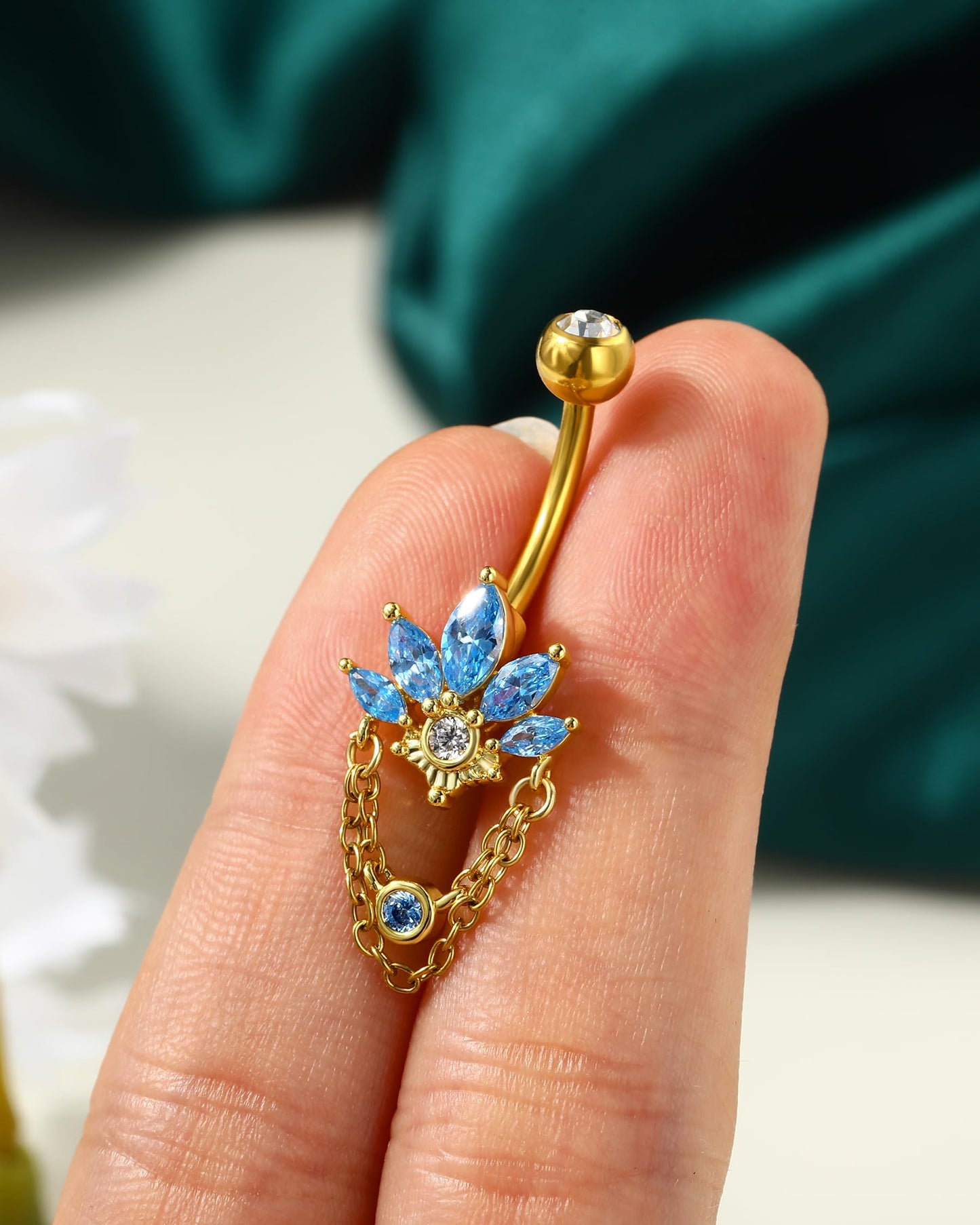 COCHARM Blue Lotus Belly Button Rings, 14G 5A CZ Navel Rings for Women, Dangle Belly Navel Piercing Jewelry Stainless Steel