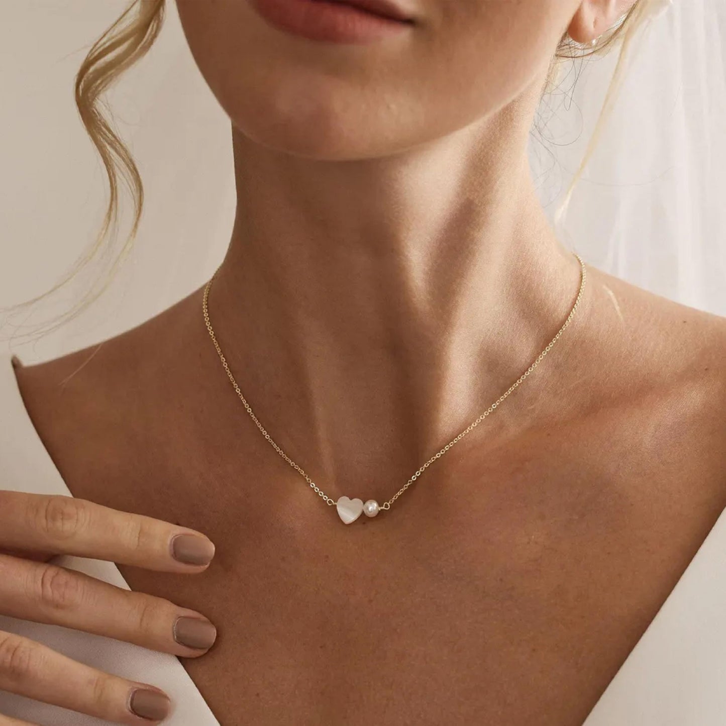 Caenyo Love Heart Pearl Necklace, A Romantic Gift for Her, 14K Gold Plated Dainty Jewelry for Wife, Girlfriend on Valentine's Day, Anniversary, Birthday, Adjustable 16+2"