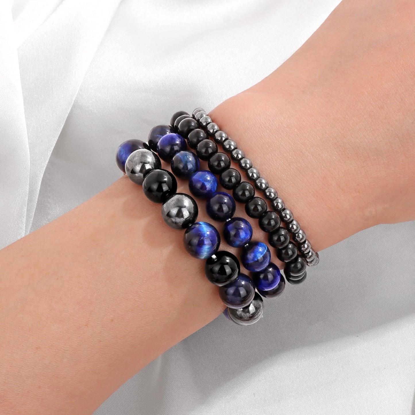 Vinswet 4pcs Natural Stone Beaded Bracelets for Women Men,Healing Crystal Gemstones Stretch Bracelet,4mm 6mm 8mm 10mm lapis lazuli Tiger Eye Black Obsidian Hematite Anxiety Stress Relief Bracelet Jewelry Gifts