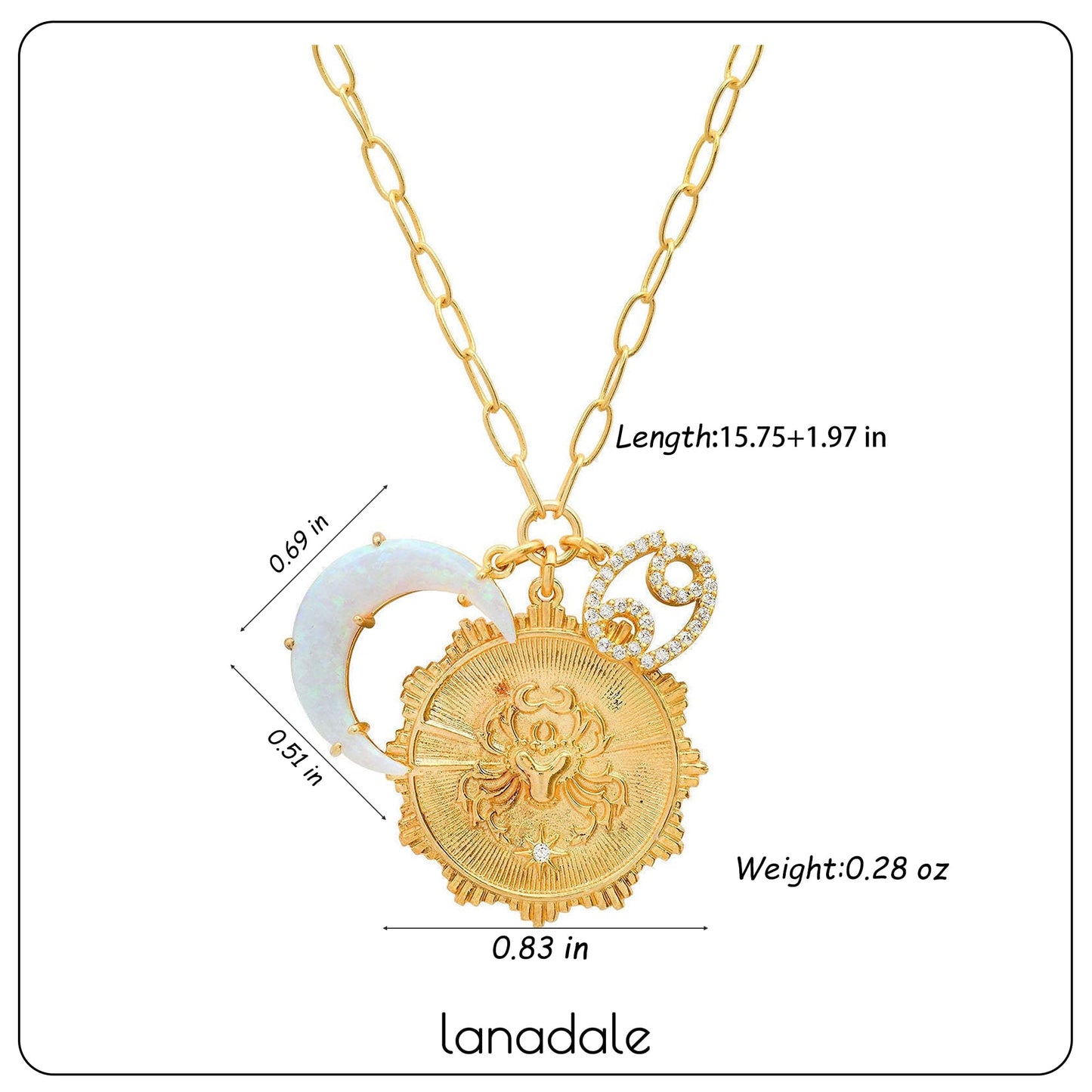 Lanadale Dainty Gold Cancer Zodiac Coin Opal Crescent Moon Charm Necklace for Women Trendy 18K Gold Plated Retro Paperclip Chain 12 Constellation Horoscope Necklaces Astrology Jewelry Gifts