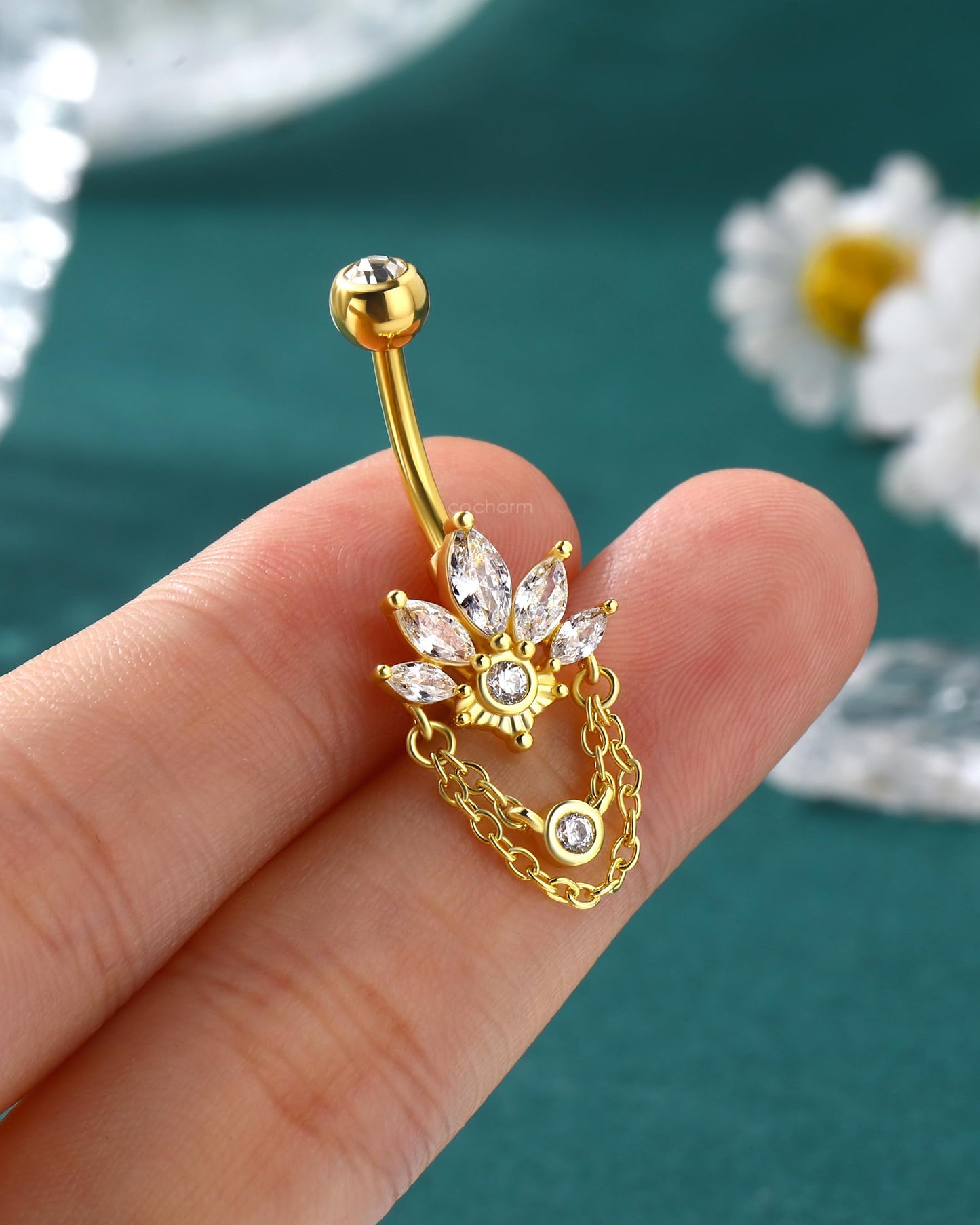 COCHARM 14G Lotus Belly Button Rings Dangle Gold Belly Navel Rings for Women Surgical Steel Navel Piercing jewelry