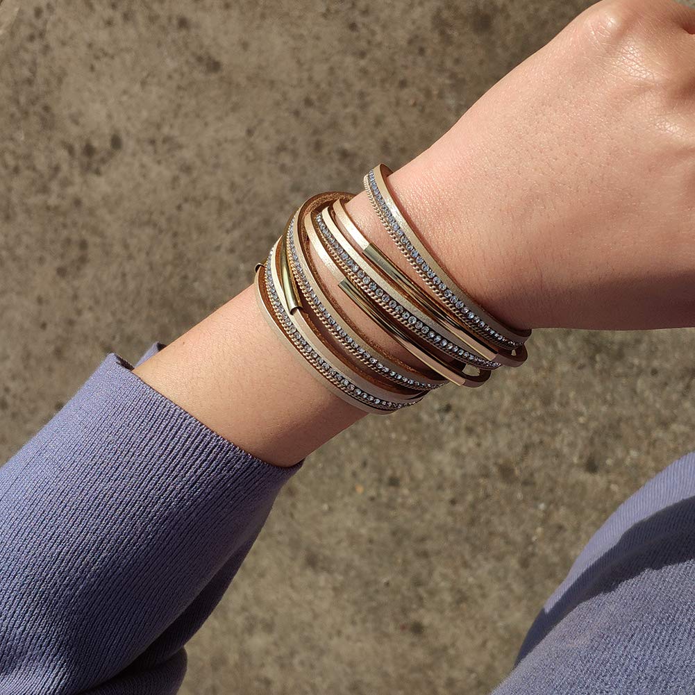 Artilady Leather Bracelets for Women-Boho Wrap Bangle Multi-Strand Stacking Bracelets With Magnetic Clasp Jewelry for Women Trendy