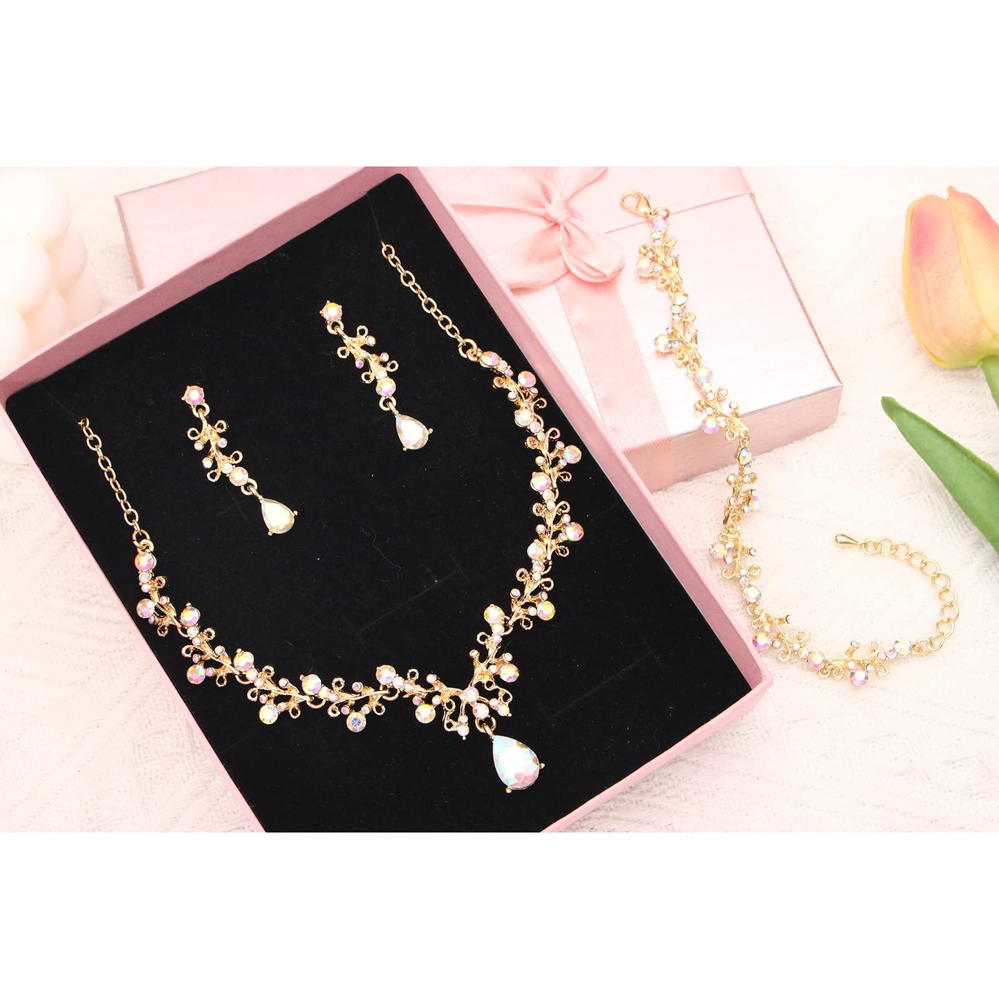 3Pcs Austrian Crystal Jewelry Set for Women, Necklace Dangle Earrings Link Bracelet Jewelry Set with Gold/Platinum/Gun Plated, Wedding Party Jewelry for Bridal Bridesmaid (Pink-Gold Plated)