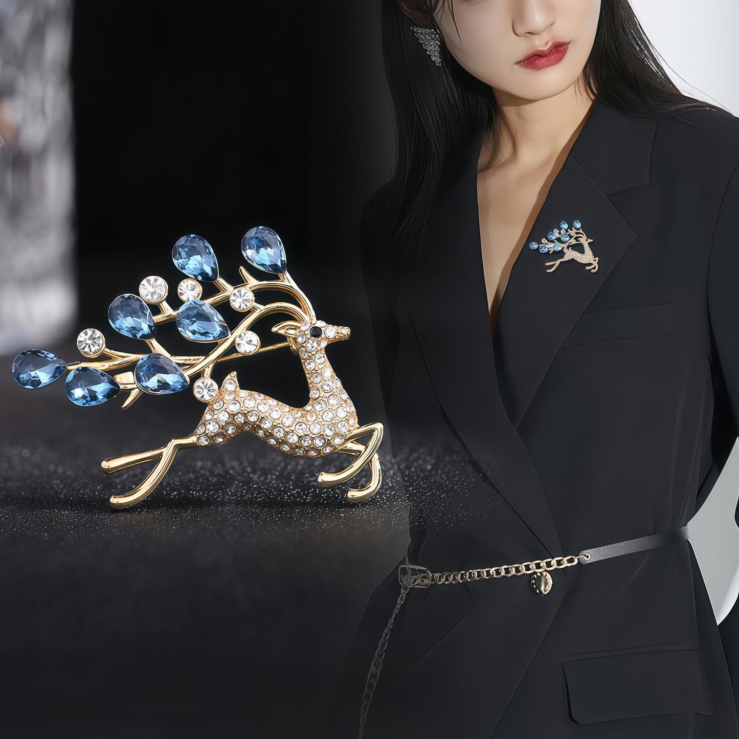 Yaximhozz 2pcs Rhinestone Brooch Pin for Women Dress Elegant Stylish Crystal Brooches Fashion Accessories Pins Lapel Boutonniere Ideas Wedding Christmas Birthday Jewelry Easter Gift (17 Blue Deer/Red Heart)