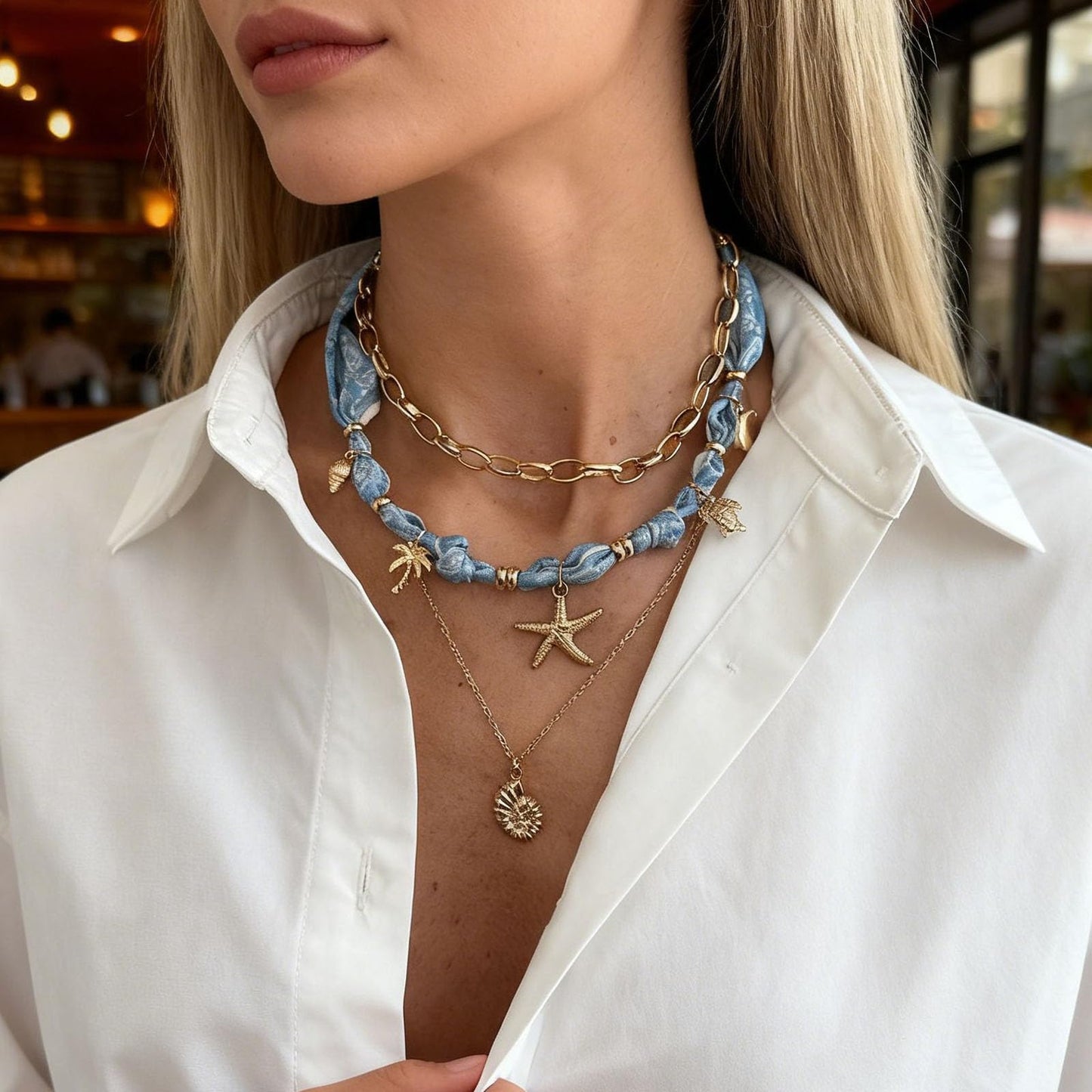 Scarf Bandana Necklace with Charm Gold Starfish Shell Seashell Necklace Boho Layered Conch Sea Shell Turtle Charm Necklaces Summer Beach Vacation Outfits Jewelry Essentials Accessories for Women