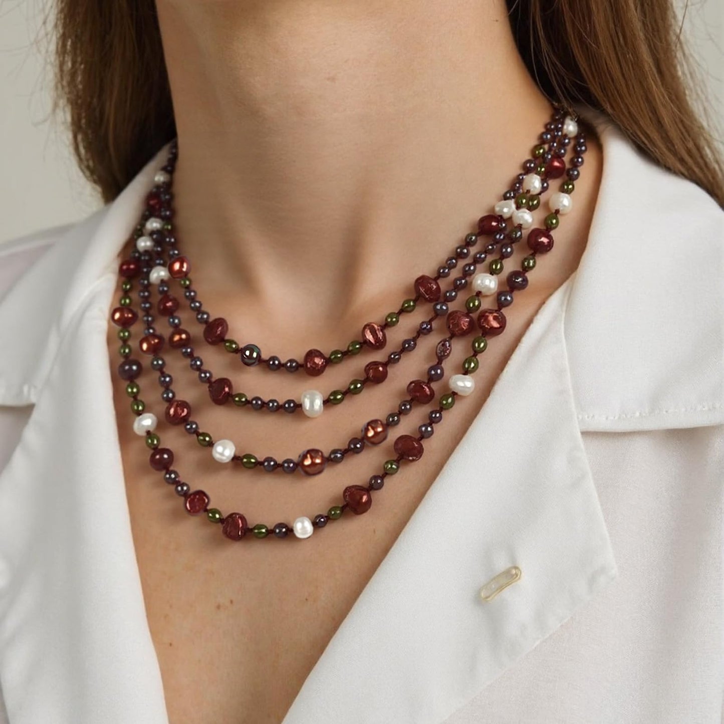 Handmade Freshwater Pearl Necklace – 4-Strand for Women 20" Elegant Long Adjustable Real Pearls Strand with Vintage Beaded Charms Baroque Pearl Luxury Jewelry Gift