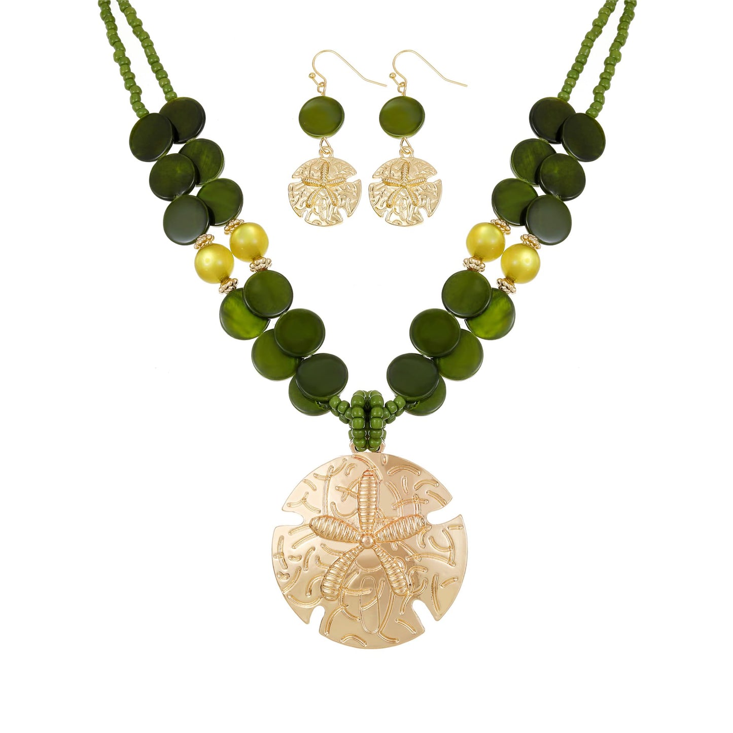 Perla Boho Starfish Necklace for Women, Chunky Layered Shell Beads Choker Necklace and Earrings Set, Ocean-Themed Summer Beach Jewelry (Olive green)