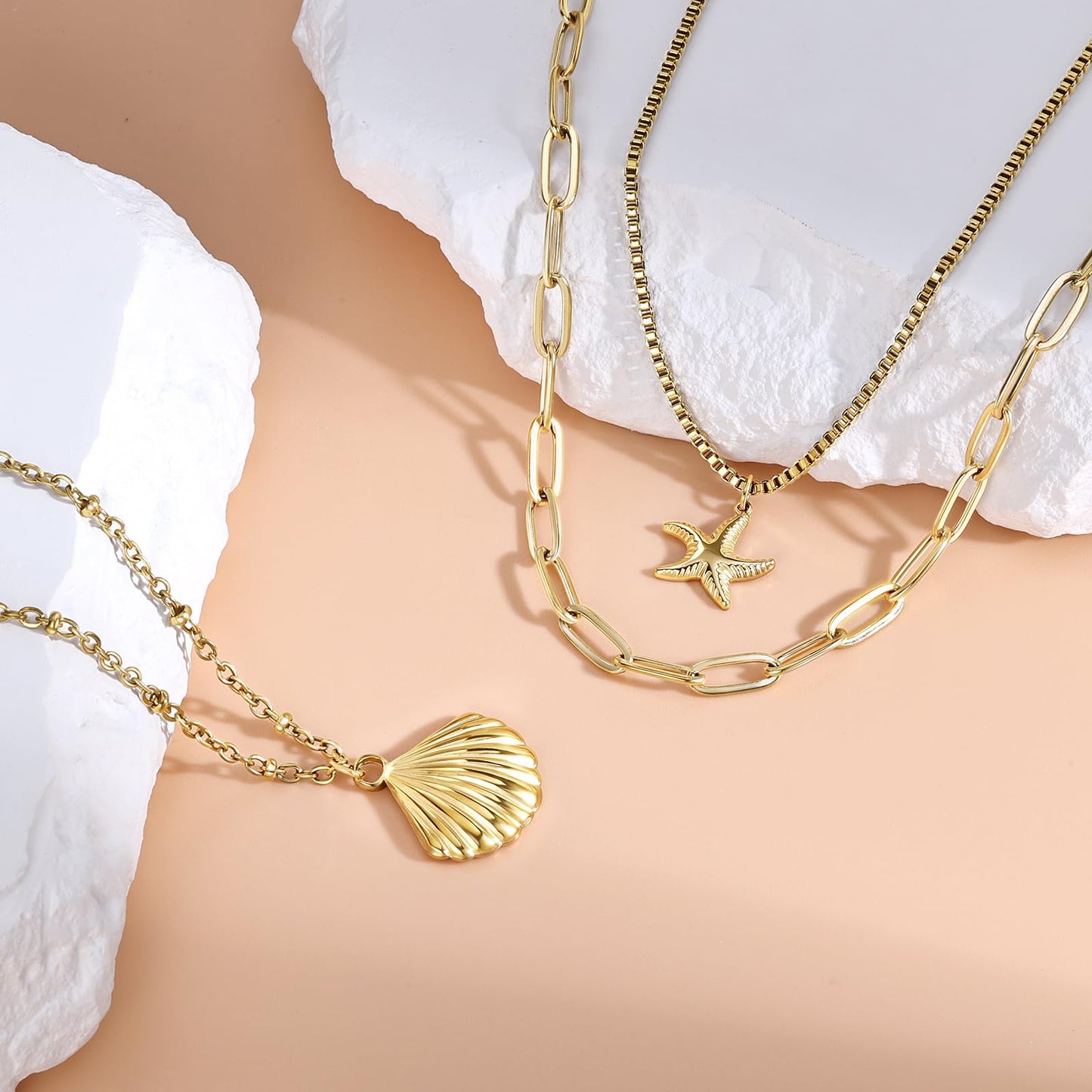 Shell Necklace for Women, 14k Gold Layered Starfish SeaShell Pendant Charm Necklace,Dainty Non Tarnish Waterproof Adjustable Silver Choker Paperclip Necklaces Stack Jewelry for Summer Beach Vacation (Gold)