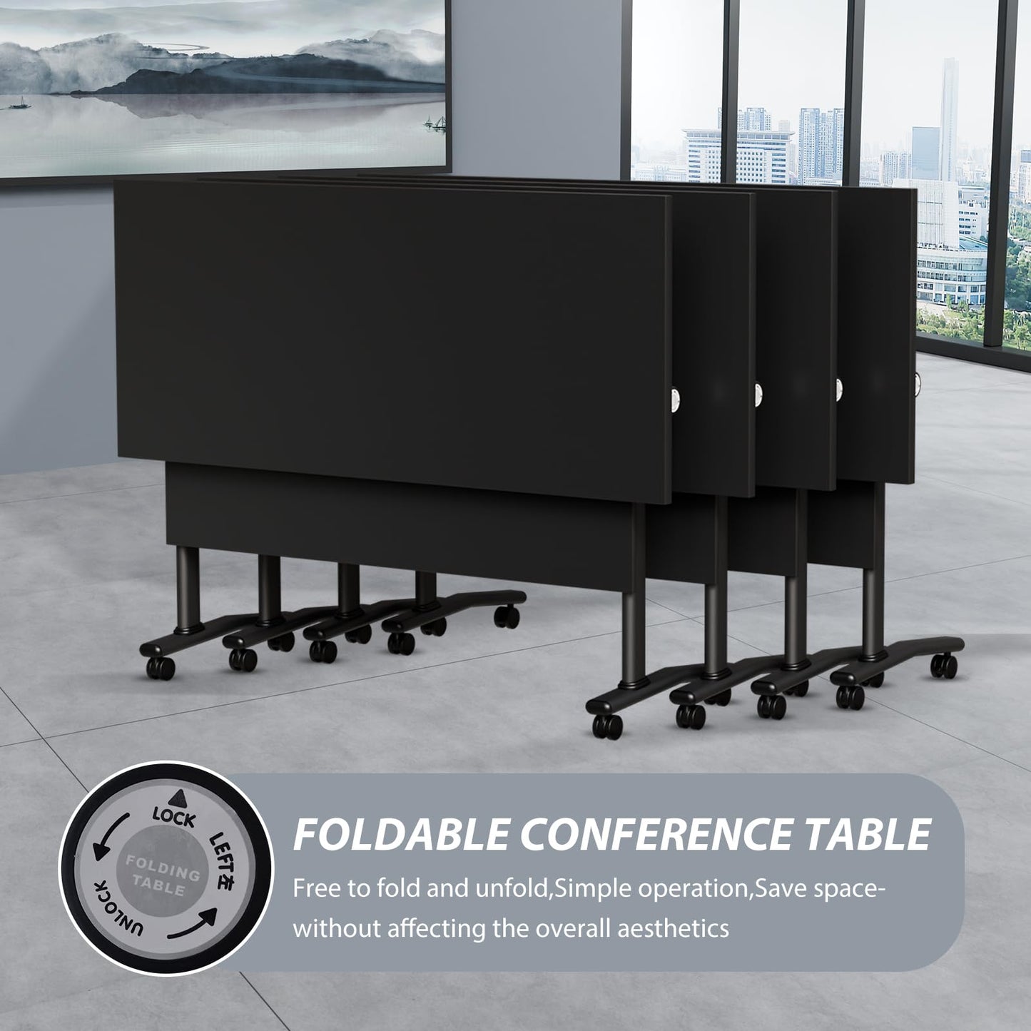 Conference Room Table with Wheels 6ft Folding Modular Large Black Conference Table Foldable Modern Rectangle Training Meeting Tables for Classroom Office(10, Black, D 55")