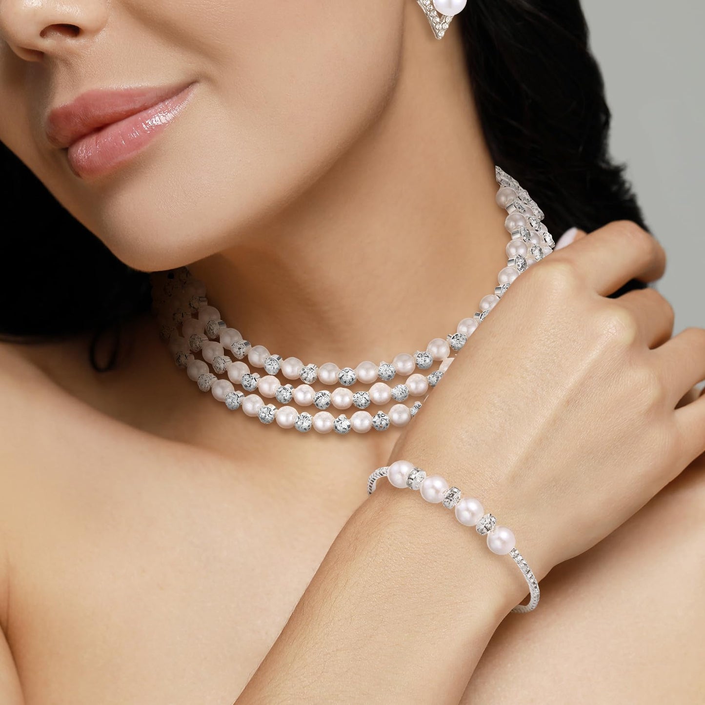 Glenmal Pearl Rhinestone Jewelry Set for Women Pearl Necklace Bracelet Earrings for Wedding Birthday Bridal Shower Tea Party(Exquisite Style)