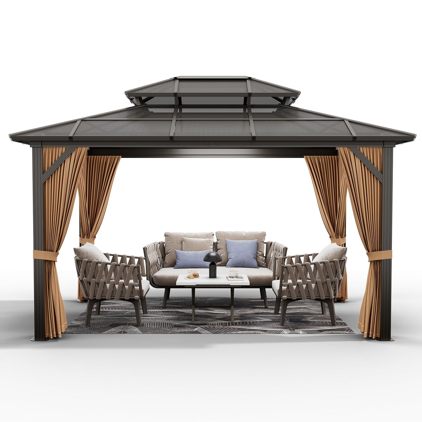 10x13 ft Permanent Aluminum Gazebo with Double-Layer PC Roof, Sturdy Metal Pavilion Canopy, All-Weather Outdoor Sunshade Structure with Retractable Curtains for Patio, Backyard, Garden, Deck