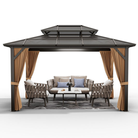 10x13 ft Permanent Aluminum Gazebo with Double-Layer PC Roof, Sturdy Metal Pavilion Canopy, All-Weather Outdoor Sunshade Structure with Retractable Curtains for Patio, Backyard, Garden, Deck