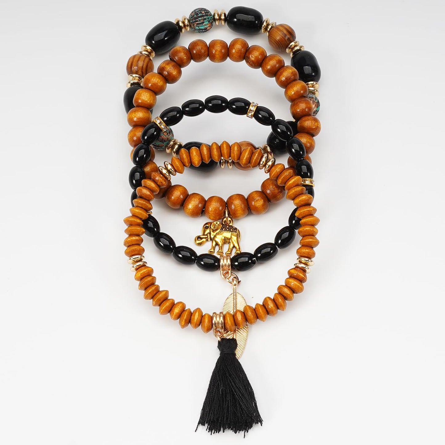 Briutn Bohemian Layered Beaded Bracelet Set Wood Beads with Feather Elephant Tassel Charms Stackable Stretch Bracelets for Women Boho Jewelry Gifts
