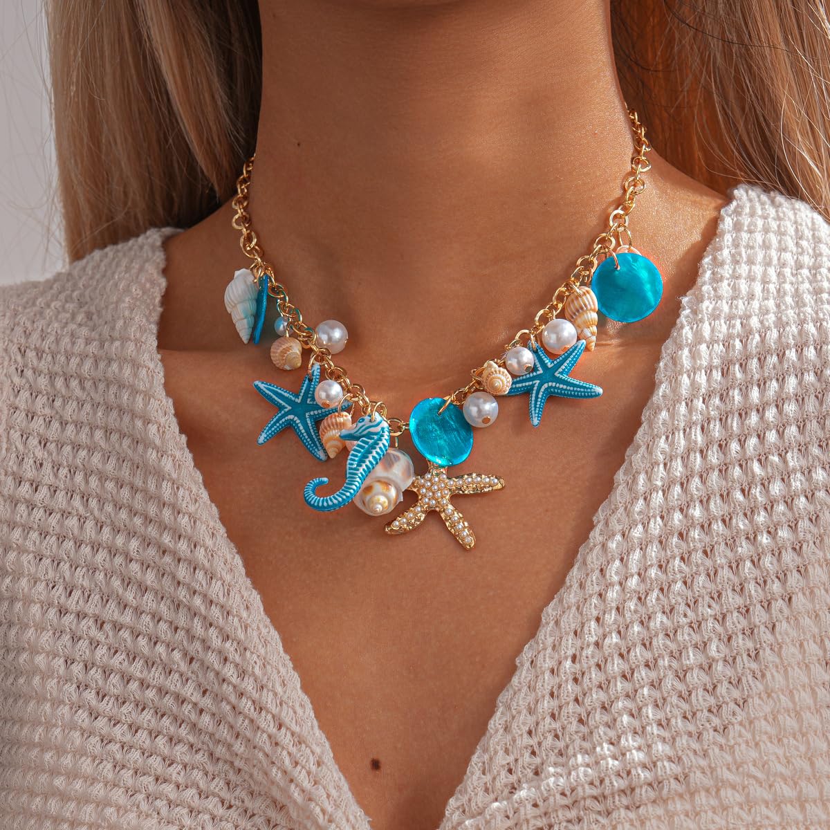 Shell Pearl Starfish Seahorse Charm Necklace For Women Coastal Beach Vacation Seashell Collar Necklace Summer Ocean Choker Ocean Jewelry Gift (Blue)