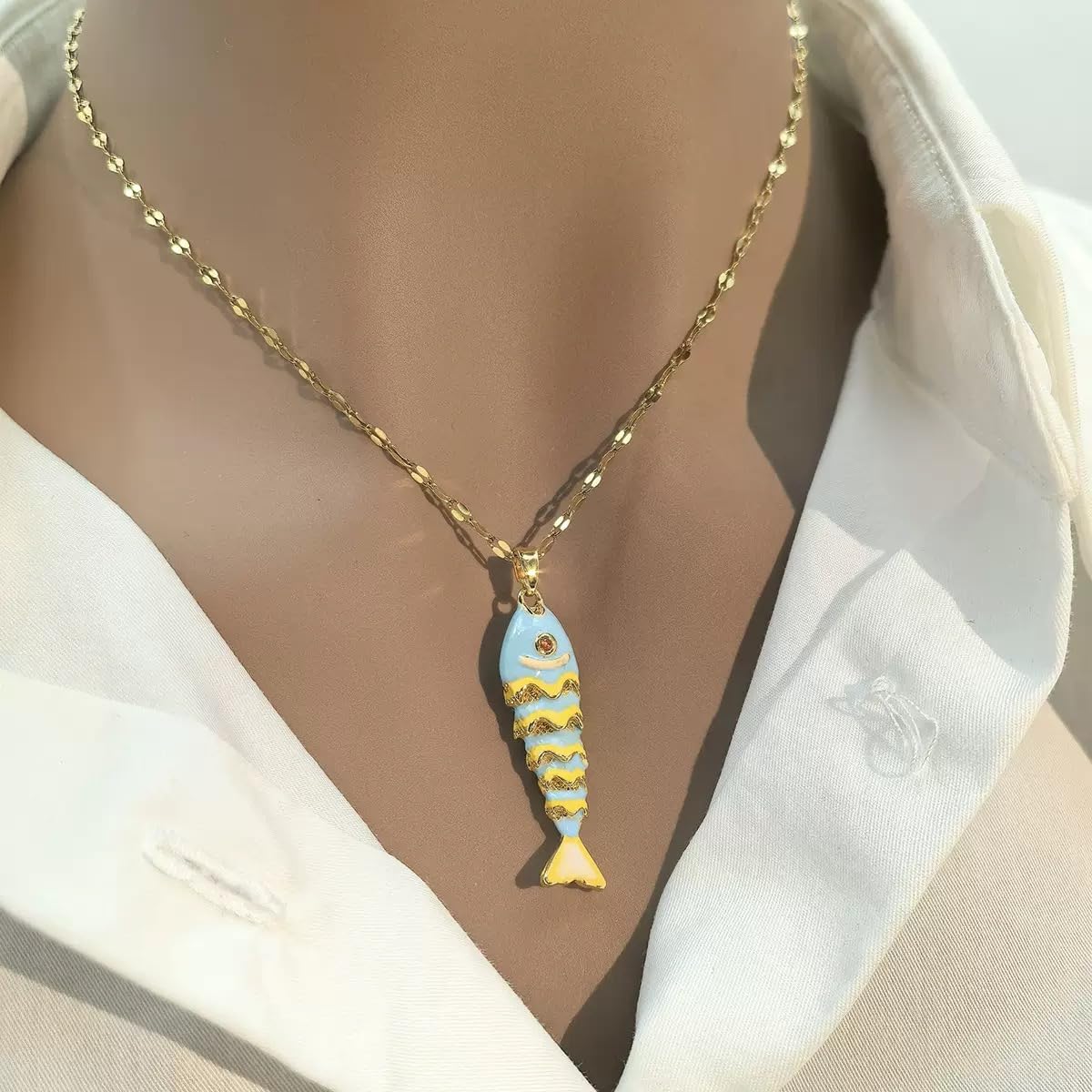WSTWYC Color Fish Necklace for Women，Dainty Lucky Fish Pendant Necklaces Summer Ocean Minimalist Jewelry gift (blue)