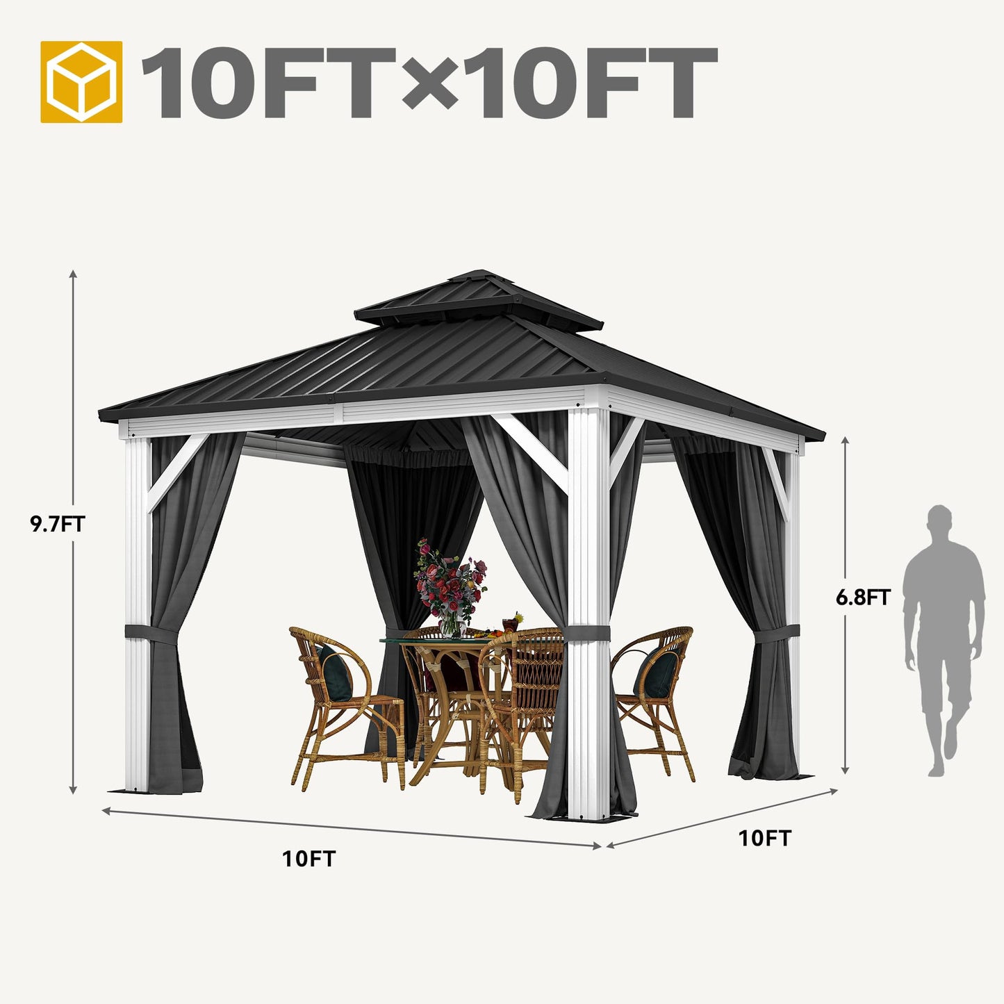 DWVO 10x10ft Hardtop Gazebo Double Roof Canopy Outdoor Galvanized Roof Aluminum White Gazebo with Netting and Curtain Garden Tent for Patio, Backyard Deck