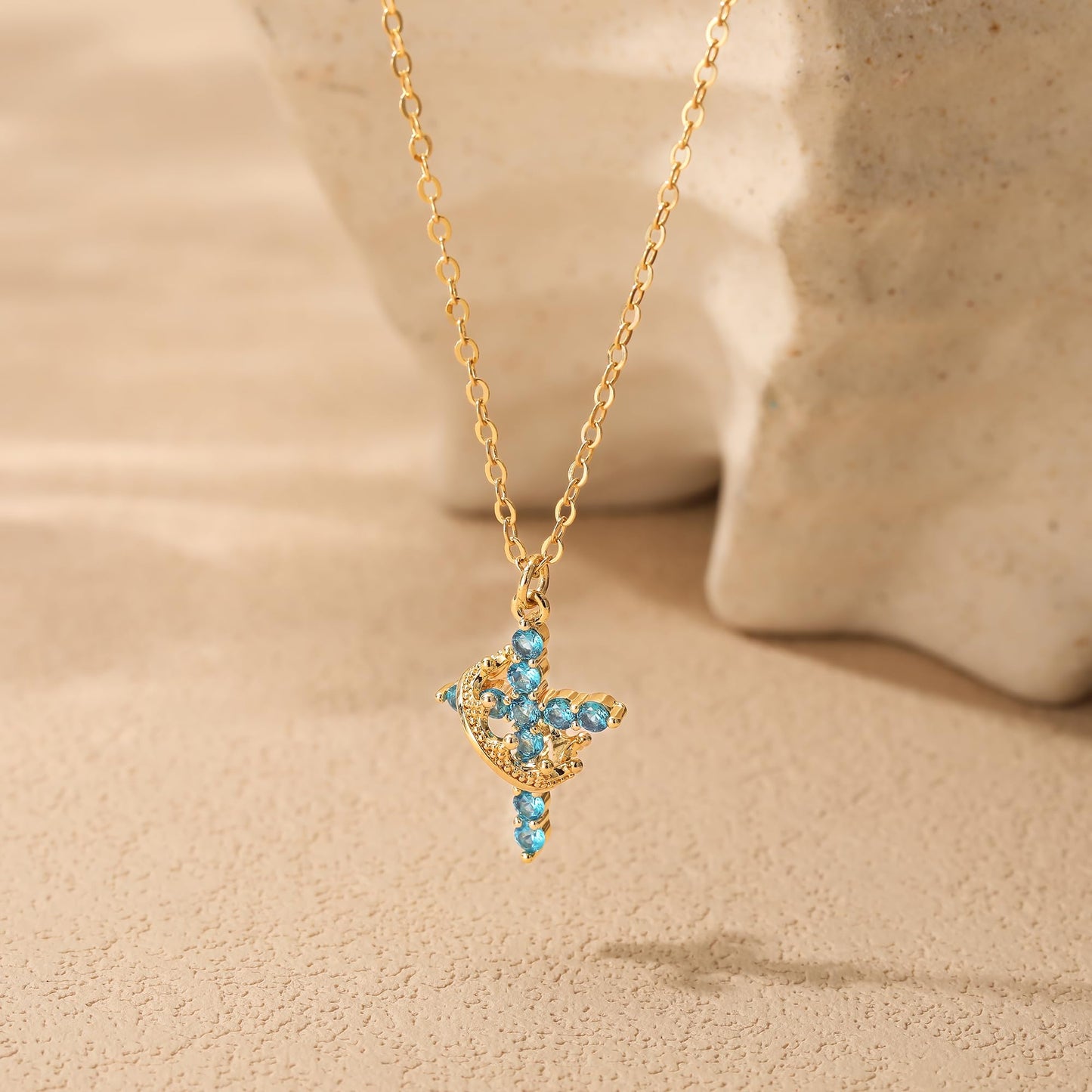 Robaice Birthstone Crown Cross Necklace for Women, Gold-Plated Christian Faith Necklace, Cross Jewelry Gift for Women, March Blue Aquamarine Gift