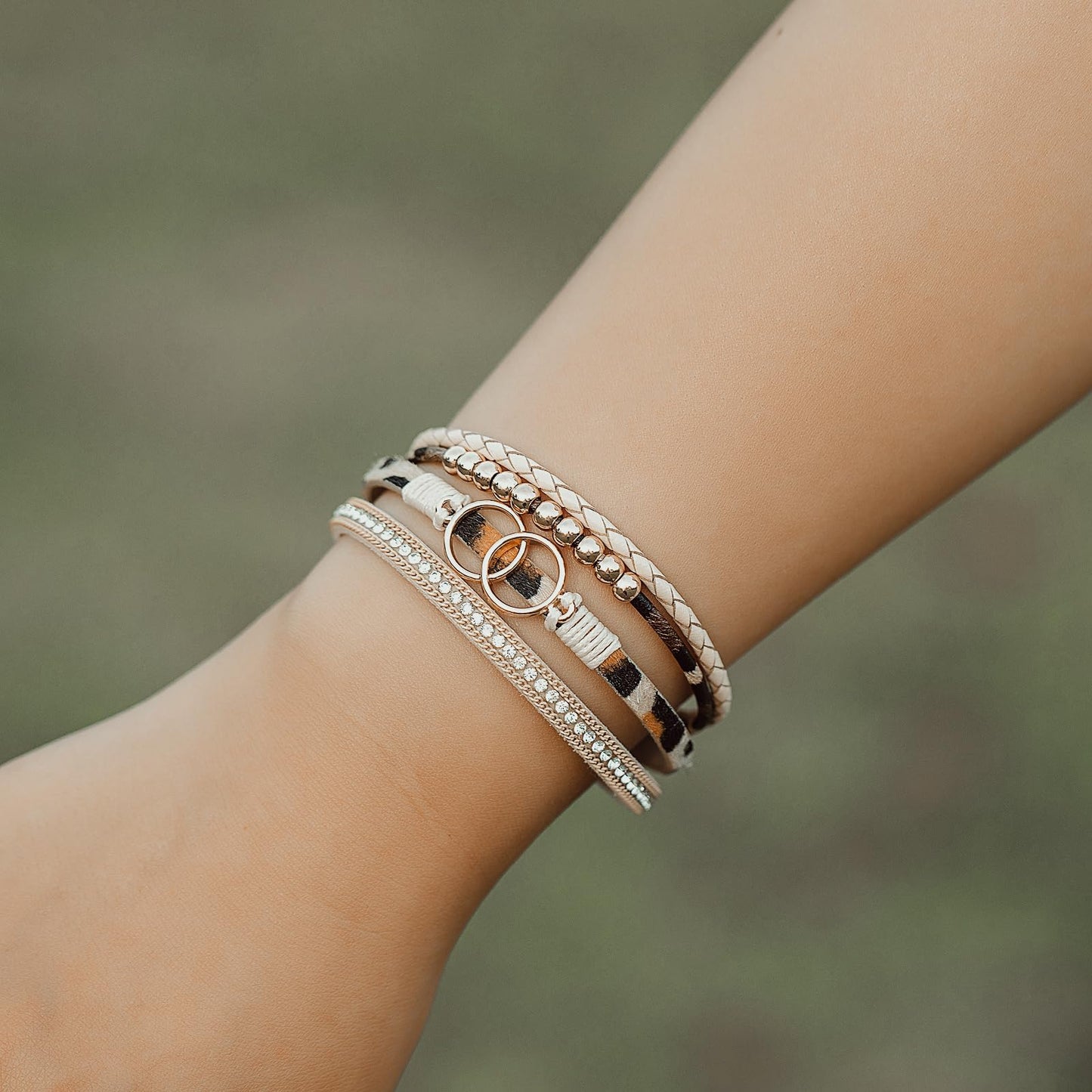 FANCY SHINY Boho Leather Wrap Bracelet Stackable Beaded Infinity Chunky Cuff Bracelets with Magnetic Clasp Western Hippie Outfits Jewelry Gifts for Women(Leopard)