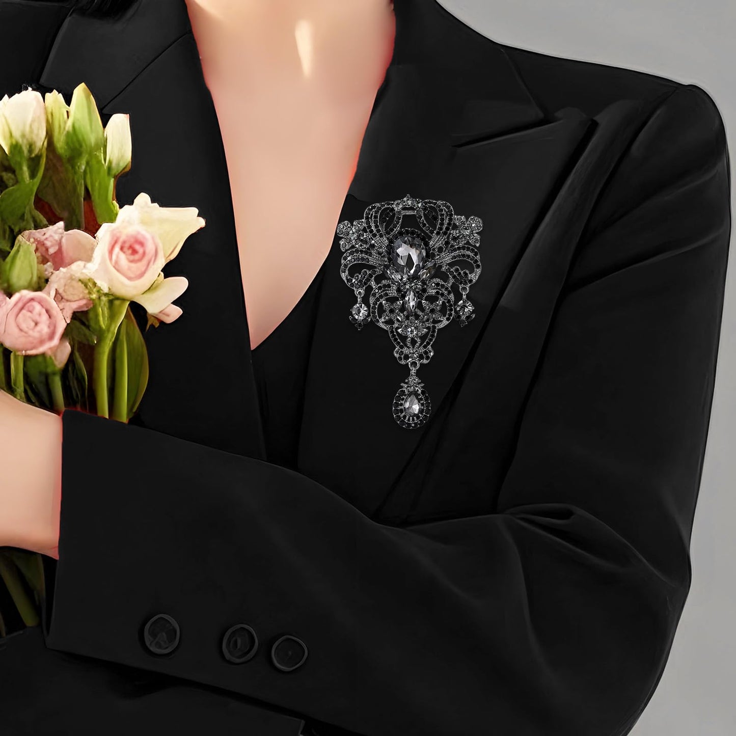 YOQUCOL Retro Black Austrian Crystal Big Brooch Pin for Women Large Flower Shape Brooches Lapel Pins for Sweater,Coat Dress Accessories