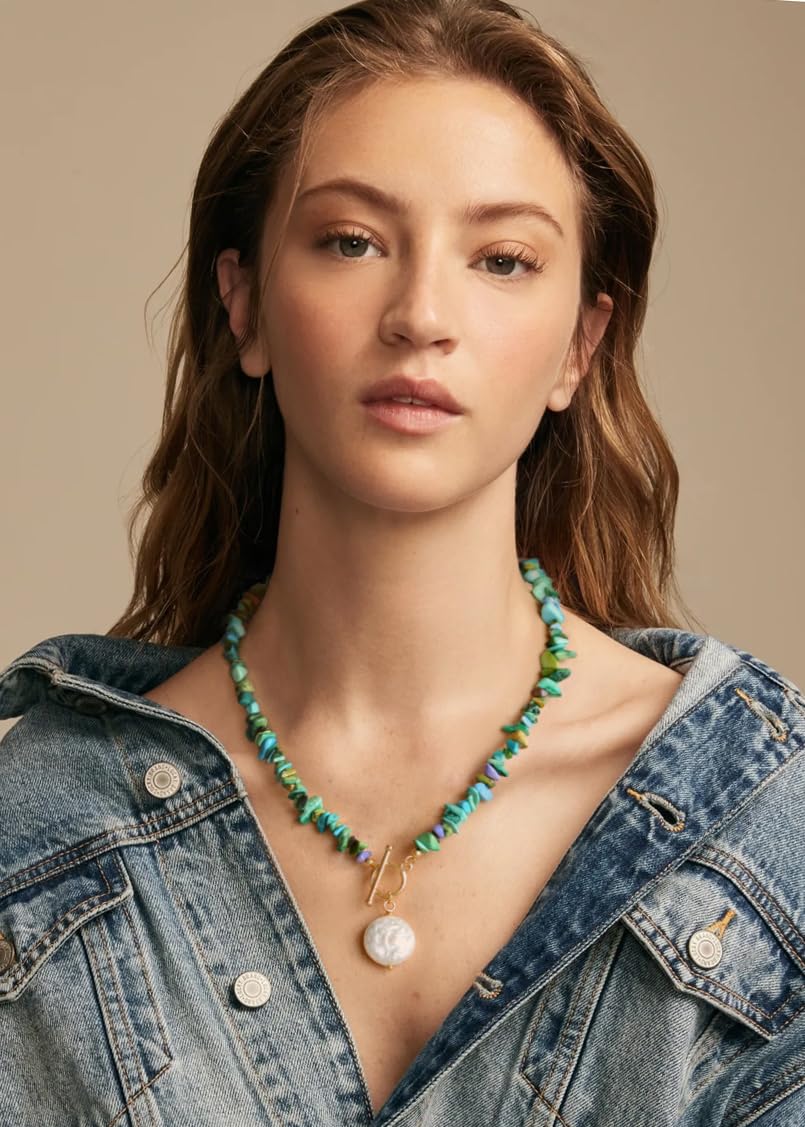 POTESSA Chunky Turquoise Necklace with Baroque Pearl Pendant, Stylish Turquoise Statement Necklace for Women, Summer Jewelry