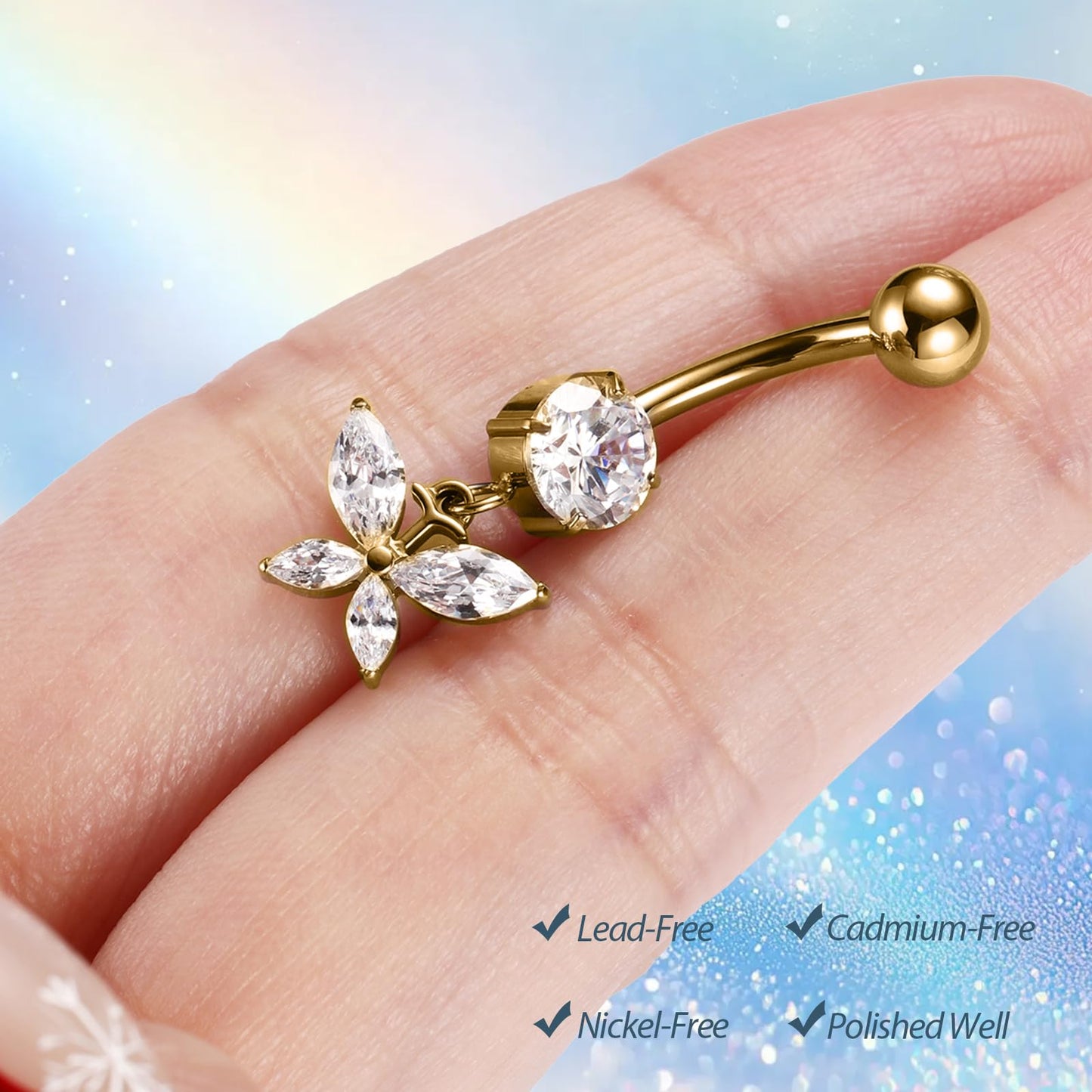 PEAKLINK 14G Belly Button Ring 10mm Dangle Belly Jewelry Gold Internally Threaded Navel Ring for Women Titanium Curved Belly Barbell with Butterfly CZ Navel Bars