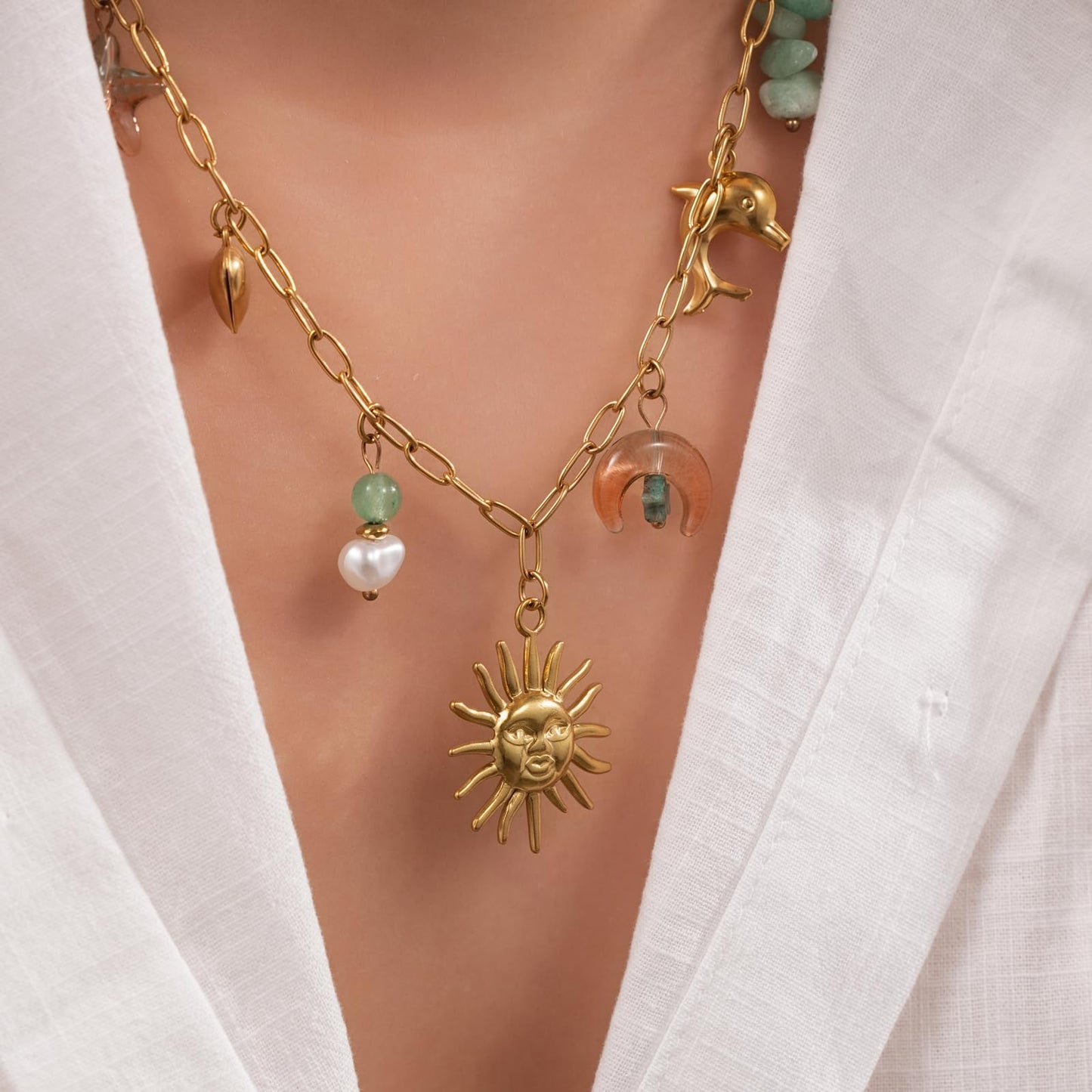 Chunky Gold Necklace Statement Boho Beach Ocean Summer Stainless Steel Jewelry Shell Starfish Turquoise Dolphin Pearl Sun Flower Wave Heart Fish Charm Choker Necklaces for Women(Sun Smile)