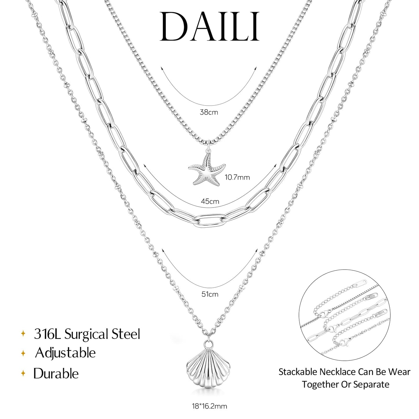 Shell Necklace for Women, Silver Layered Starfish SeaShell Pendant Charm Necklace,Dainty Non Tarnish Waterproof Adjustable Choker Paperclip Necklaces Stack Jewelry for Summer Beach Vacation (Silver)