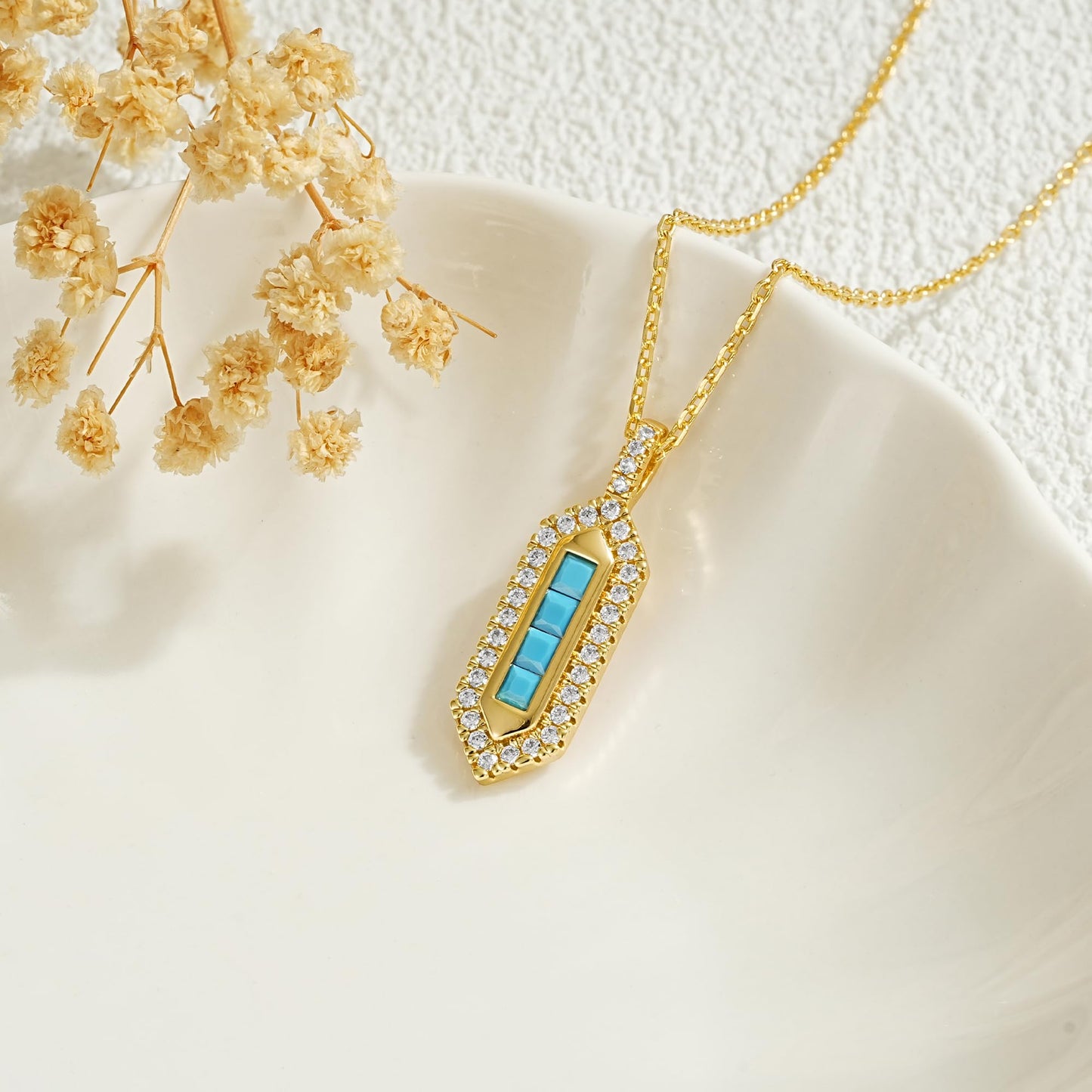 LOLAR RAY Geometric Shield Necklace 14K Gold Plated Turquoise & Cubic Zirconia Inlaid Pendant Adjustable Chain Stylish Gift for Women