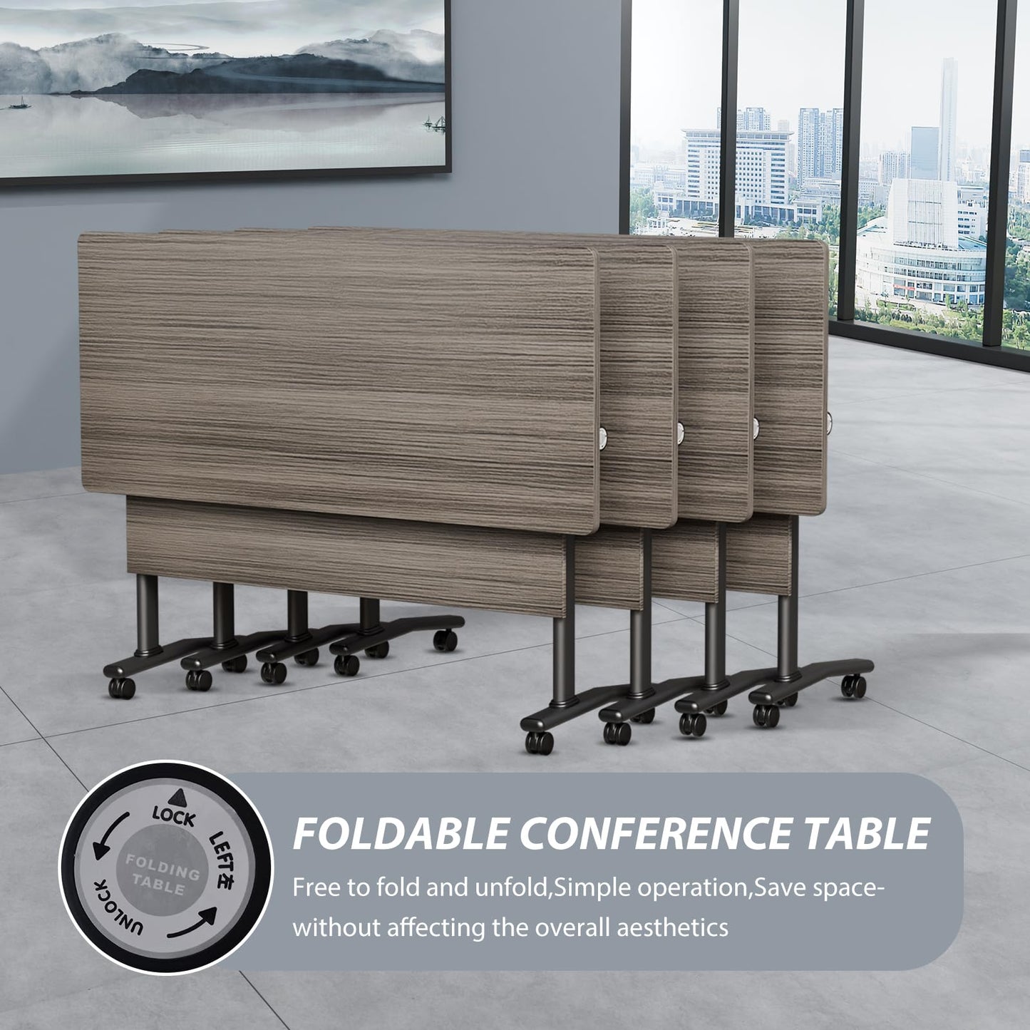 Folding Conference Room Table with Wheels, 6ft Modular Large Mobile Modern Conference Tables Office Meeting Training Table for Classroom(8, Gray, D 55")